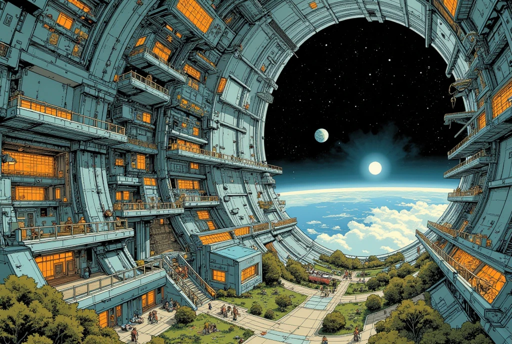 Super detailed Sci-Fi Illustration, A magnificent and awe-inspiring view of the interior of cylindrical space colony. Inside the cylindrical kaleidoscope are a futuristic city, homes, commercial facilities, schools and parks. The windows of the kaleidoscope show the pitch black space and the Earth. View from inside the kaleidoscope