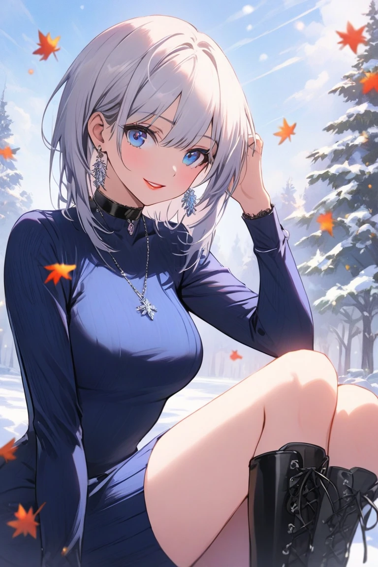 (masterpiece, best quality:1.2), (high resolution, 8K RAW photo, photo realistics, clear focus, thin outline:1.3), (natural lighting, textile shading), pov, ((solo:1.37)), (1 matured woman, 28 years old, raised sexy), ((milf:1.5)), ((nfsw:1.37, fuge breast:1.3, sagging breast, big tits, breast cleavage, harass sexually, in heat)), ((Bright beautiful eyes with highlight:1.3, fine detailed eyes, high detailed pupils)), beautiful girl wearing winter outfits:1.5, ((lying down, lying on your back:1.5, lying on the ground:1.2, spreading legs, opening arms widely)), casual winter outfits, wearing beige_color down_jacket:1.2, cable knit sweaters, skinny denim, knit scarfs around neck, knee_length long boots), your body decorated with snow, in the snow, (looking at viewers, with seductitve smiling, half-closing eyes), ((little opening mouth:1.37)), light purple mesh in silver hair, medium short hair, hair over one eye, asymmetric hair, side rock, blue eyes, (Luxury detailed accessories, necklace, earrings, Bracelets), bokeh, dutch angle, close-up face:1.5, tighs focus, ((from above:1.5)), ((correct anatomy:1.5, ideal ratio of body proportions, correct hand:1.5, small hands)), outdoors, in a snowy forest, snow covered ground, trees decorated with snow,