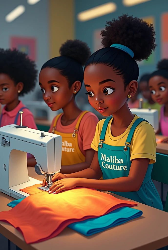Create a picture of a typical Haitian house, ATABEY couturière du quartier où tout le voisinage vient faire coudre ses tissus. A neighbor came to have her school uniform measured for her to enter. The tailor fits the uniform on her. Elles joyeuses du résultat. The wooden pedal sewing machine., Next door, spread fabrics everywhere. A neighbor leafs through a catalog of haute couture models.. Colorful frame, une affiche . Madame Zini seamstress