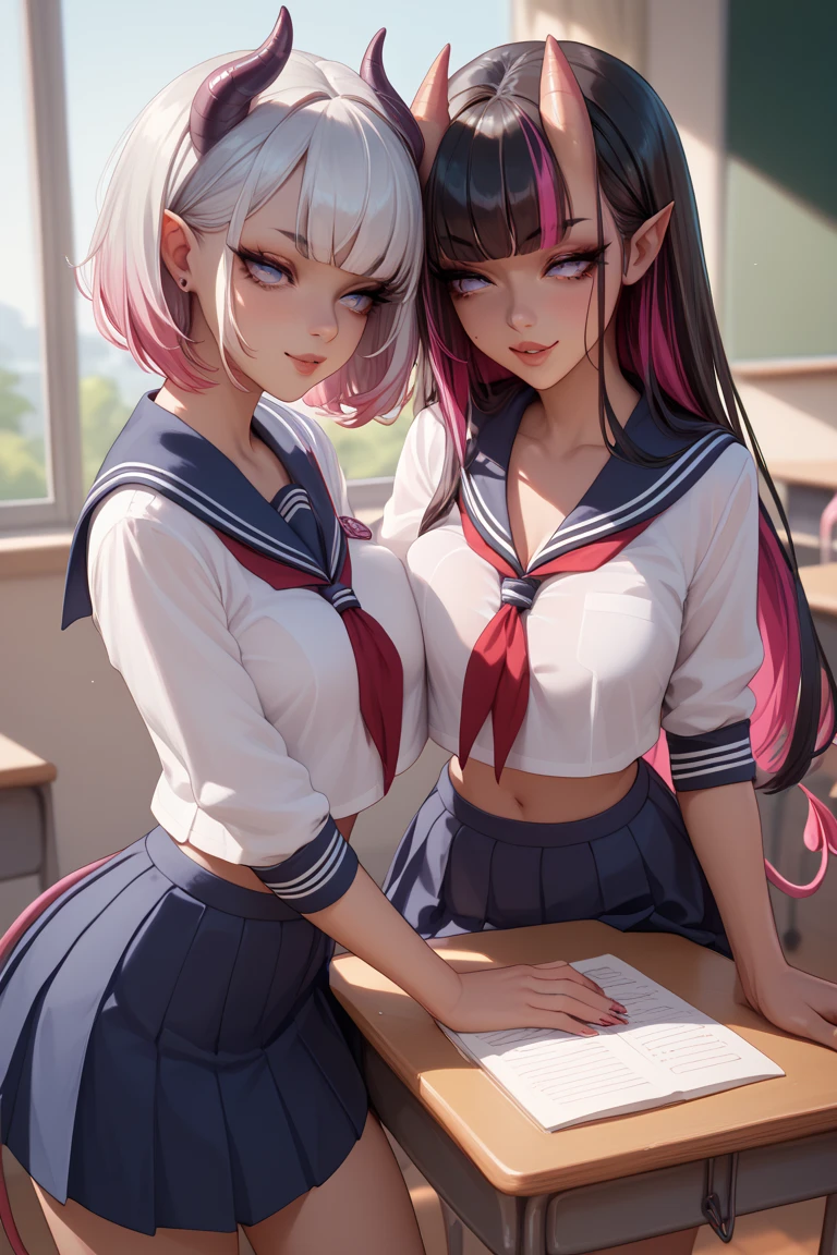 2 girls, succubus, {1 girl, big breasts} {1 skinny girl, small breasts} multi colored hair with bangs over eyes, sailor school uniform, classroom 