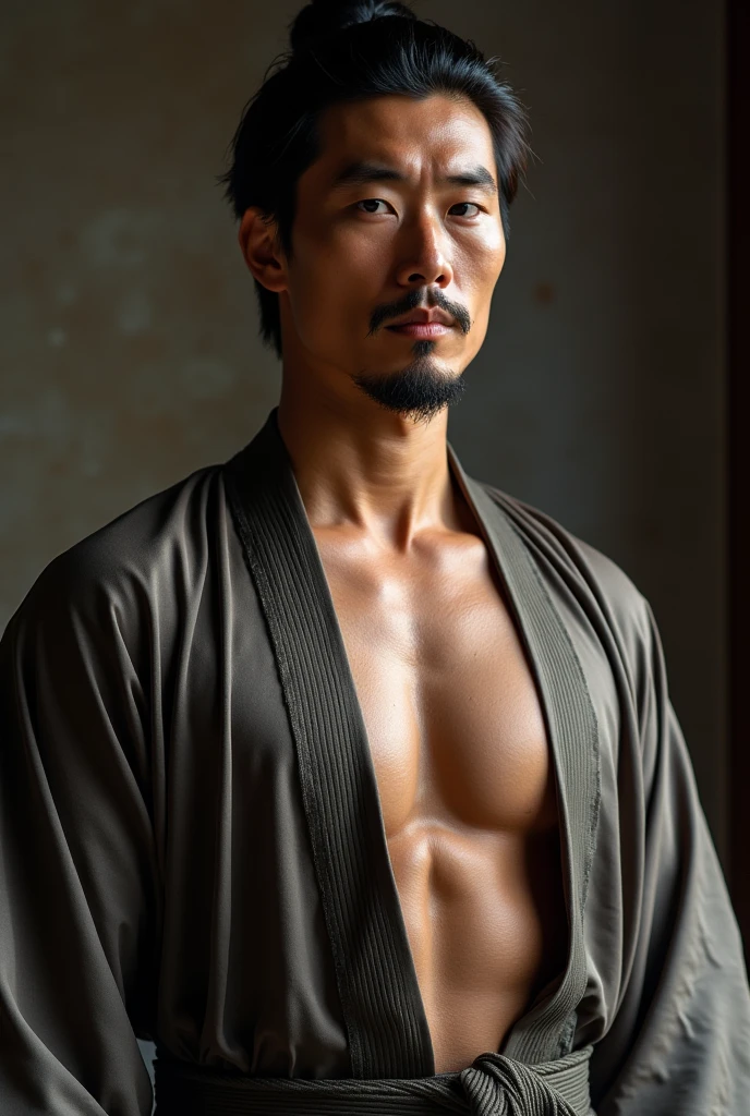 (8K, RAW photo, Highest quality), Realistic, Japanese man, frontage, Intricate details, Closed mouth, Extremely detailed eyes and eyelasheuscular male, Manly,l ooks away, Male focus, Solo, Open the transparent robe,Exposing the pectoral muscles,Exposing abs, full bodyesbian, Night sky, Soft lighting, Cinematic lighting, Portrait, Close-up, Lovingly