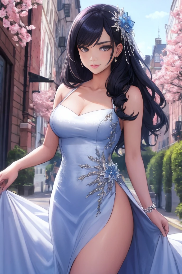 (masterpiece,best quality), Sakimichan and Neoartcore, an woman with modern style, (((dark blue hair color))),(colorful),(finely detailed beautiful eyes and detailed face, long hair), flowers on head,cinematic lighting,extremely detailed CG unity 8k wallpaper,((flying petal)),(Flowery meadow), night, moonlight, shadows, light, modern city,(masterpiece, best quality), cyberpunk fashion, (((detailed pink dress))), blue laces,((blue untied flowing hair and a nice street background)), cool style, high detailed background , curvy body, gorgeous, elegant, simple gold necklace, dynamic pose, realistic, detailed facial expression, beautiful mesmerizing face, happy, open smile, (bright blue eyes:1.14), real life skin, 8k, intricate detail, professional lighting, full body shot, dynamic angle shot, looking at camera, stunning Unreal Engine, soft diffused lighting, cute, wind, petals on wind,1 girl, sexy, sensual, a 20 yo woman,(natural skin texture, soft light, sharp), big boobs