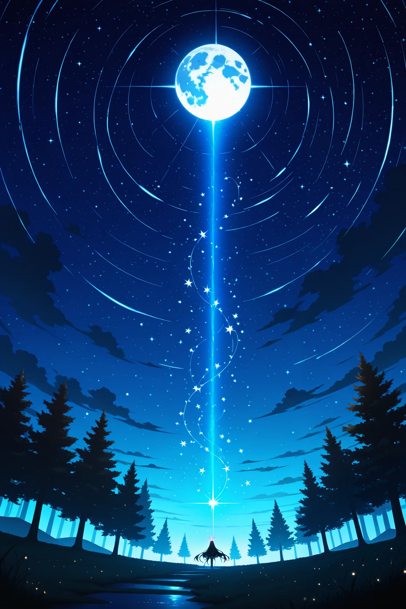 Magical midnight forest in anime style, with glowing flowers, fairy lights, and a luminous moon casting a soft glow. The cool, mystical tones create an enchanting ambiance, complemented by twinkling stars in the sky. The scene is serene and otherworldly, with no human figures.
