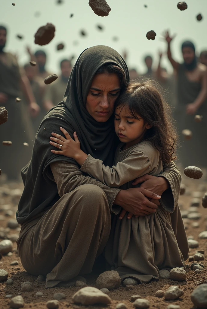 Mother is crying by holding her child and the broken and destroyed land because of landscape mother mary standing as she was helping them 