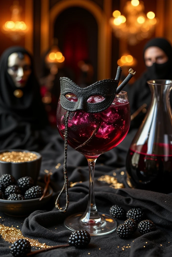 An enigmatic cocktail titled "Le Masque de Velours," served in a matte black glass with a lace mask draped over it.
The drink blends blackberry purée, red wine, a hint of vanilla vodka, and a swirl of edible gold shimmer for a luxurious appearance.
The garnish includes a blackberry skewer and a small chain detail hanging from the glass.
Ingredients are displayed around the glass: a bowl of blackberries, a bottle of red wine, vanilla pods, and gold flakes.
The background is a mysterious ballroom scene with chandeliers and masked figures in the distance.
