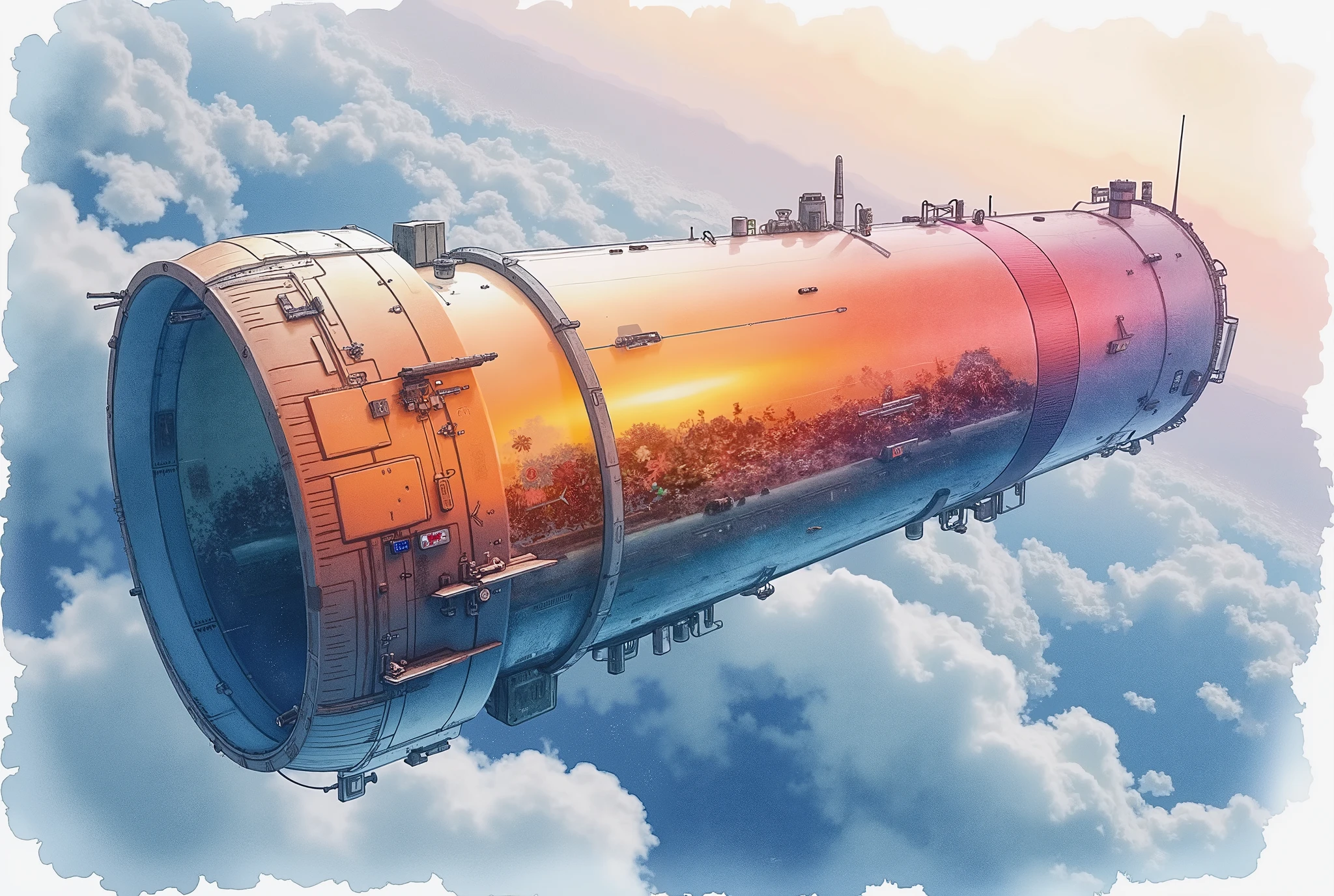 (Masterpiece:1.2,  top quality,  ultra high definition,  very detailed,  BEST ILLUSTRATIONS),8k,16k,wallpaper,space colony,,(Cylinder-shaped glass-walled space colony :2.0),(people類が増えすぎたpeople口を宇宙に移民させるようになって半世紀が過ぎた:2.0),(地球の周りの発達したpeople工都市はpeople類の第二の故郷となり、peopleはそこで子を産み、Raising 、 died :2.0),( Space Century 0078 :2.0),( Space Colony Side 3 called the Principality of Zeon :2.0),( The Principality of Zeon challenged the Earth Earth Federal Government to the War of Independence :2.0),(地球連邦とジオン公国の総people口は半分を死にいたらしめた:2.0),(people々was terrified by his own actions.:2.0),(The background is Earth and outer space:2.0),( and express the huge feeling of the cylinder-shaped Space Colony with depiction from below :2.0),(watercolor)