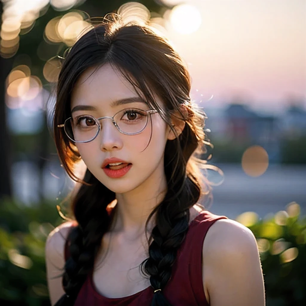 masterpiece, best quality, ultra-detailed, realistic,(1girl, open mouth, glasses, plait:1.2),(sleeveless), (sunset,bokeh)