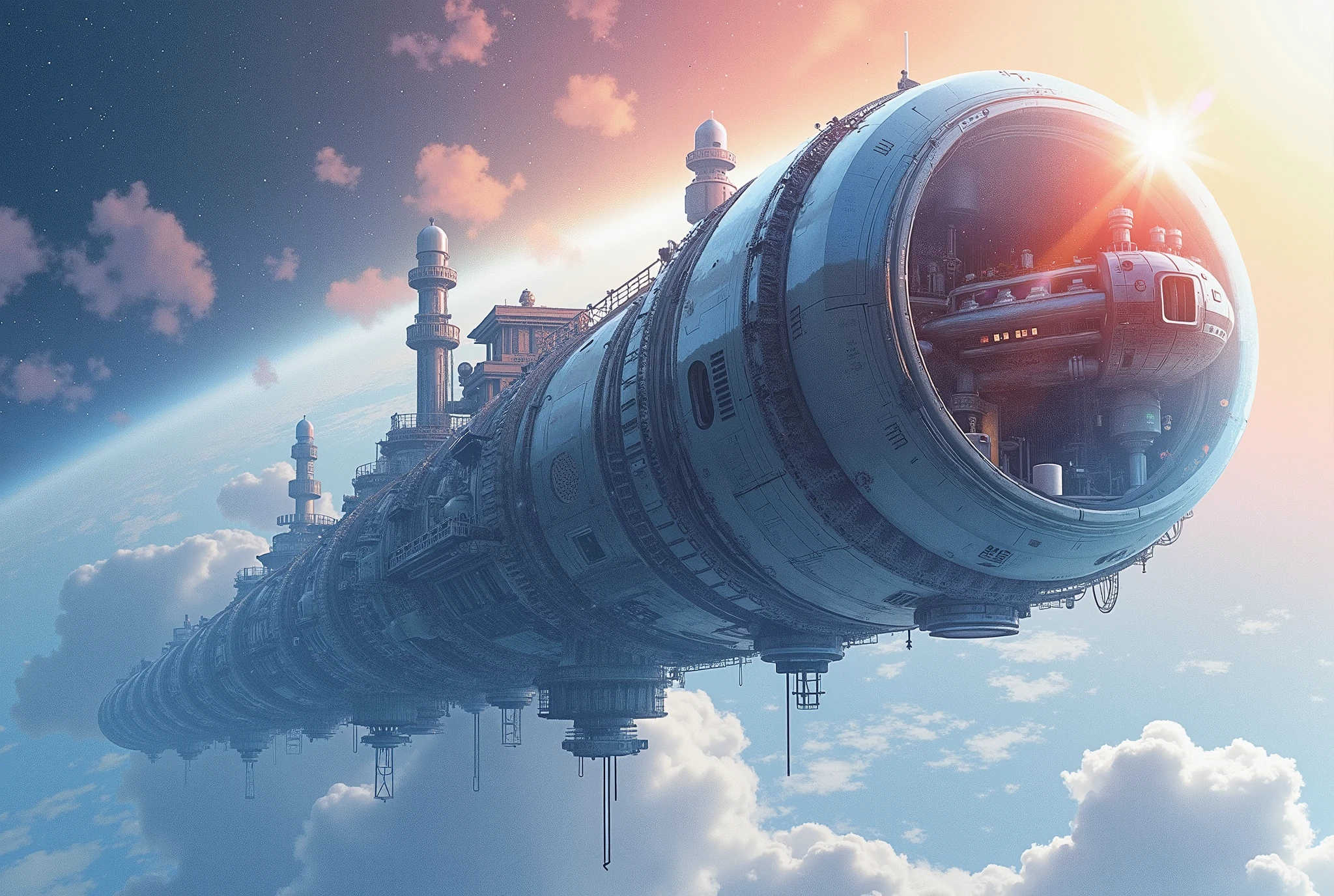 (Masterpiece:1.2,  top quality,  ultra high definition,  very detailed,  BEST ILLUSTRATIONS),8k,16k,wallpaper,space colony,,(Cylinder-shaped glass-walled space colony :2.0),(people類が増えすぎたpeople口を宇宙に移民させるようになって半世紀が過ぎた:2.0),(地球の周りの発達したpeople工都市はpeople類の第二の故郷となり、peopleはそこで子を産み、Raising 、 died :2.0),( Space Century 0078 :2.0),( Space Colony Side 3 called the Principality of Zeon :2.0),( The Principality of Zeon challenged the Earth Earth Federal Government to the War of Independence :2.0),(地球連邦とジオン公国の総people口は半分を死にいたらしめた:2.0),(people々was terrified by his own actions.:2.0),(The background is Earth and outer space:2.0),( and express the huge feeling of the cylinder-shaped Space Colony with depiction from below :2.0),(watercolor)