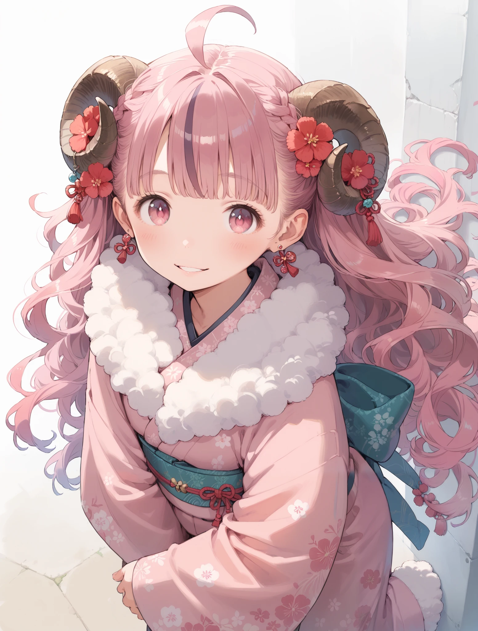 New Year, Happy New Year, Wavy Hair, High Resolution, 1girl, Super Detailed, Fluffy Hair, Streaked Hair, Character Design, Bright Pupils, Topknot, Gradient Hair, Solo, Shy, Tachi-e, Anime Style, Smile, Abatomically Correct, Masterpiece, Ahoge, Parted Lips, Very Long Hair, Pink Hair, Pink Eyes, Kimono, From Above, Wide-Angle, Hair Flower, Crystal Earrings, Soft Colors, Sheep horn