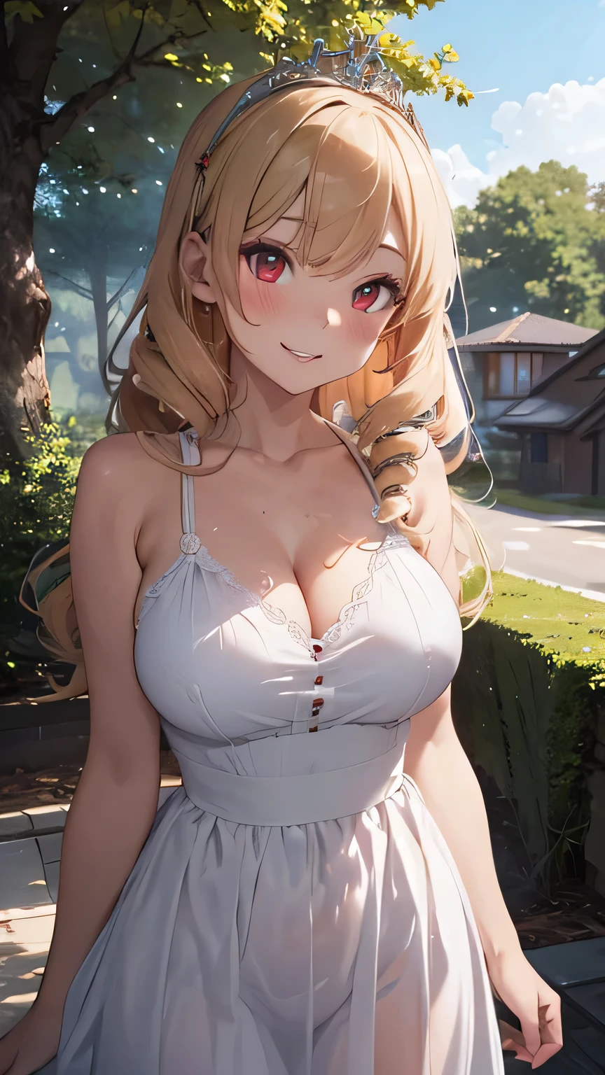 a beautiful young woman, blonde, (extremelly long drill hair), (drill hair style), drill hair style, ruby red eyes, wearing an elegant white dress with bare shoulders, huge breast and pink lips, blush, very happy smile, while wearing a platine tiara, standing in front of a luxurious mansion, forest, day, blue sky, (best quality,4k,8k,highres,masterpiece:1.2),ultra-detailed,detailed eyes,detailed face,detailed lips,very detailed,highly detailed,opulent,grand architecture,dramatic lighting,volumetric lighting,vivid colors,intricate details,exquisite details,seamless,elegant,gorgeous,stunning, anime style, kentaro yabuki style, (red eyeshadow), view from the front, looking to the viewer, red eyeshadow,