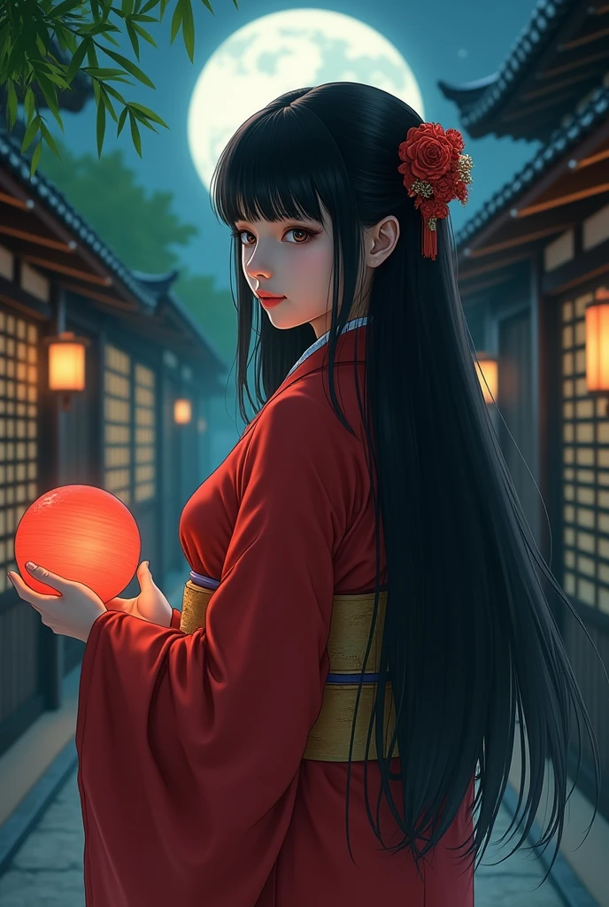 A woman with straight black hair in a red kimono is looking back while holding a ball.。 The background is a corridor of a Japanese mansion at night.、There are bamboo and bamboo lanterns 。  the woman has a slightly soft smile 。  the overall atmosphere is bewitching 。

The object she is holding is a ball.。It can also be written as 'mari'.。