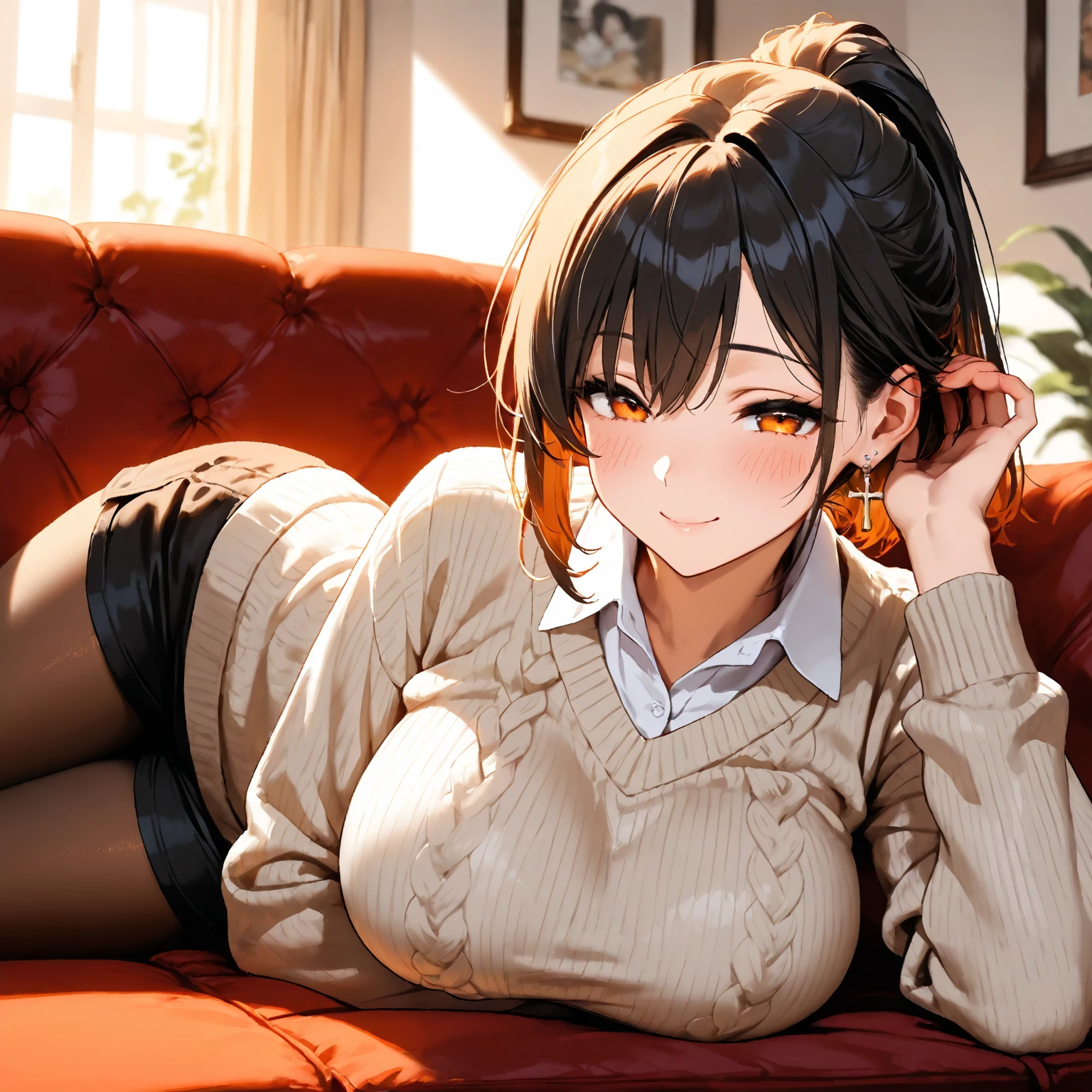 hair tucking, lying, lying on side, very cute face, cute girl, solo, short hair, ponytail hair, Black hair with brown ends, orange eyes, large breasts, cross Pierced earrings, collared shirt, sweater, shorts, brown tights, blush, flawless smooth skin, looking at viewer, A smile like a goddess, half closed eyes, indoors, living, couch, (best quality,4k,8k,highres,masterpiece:1.2),ultra-detailed,intricate details, high fashion, dramatic lighting, warm colors, chiaroscuro