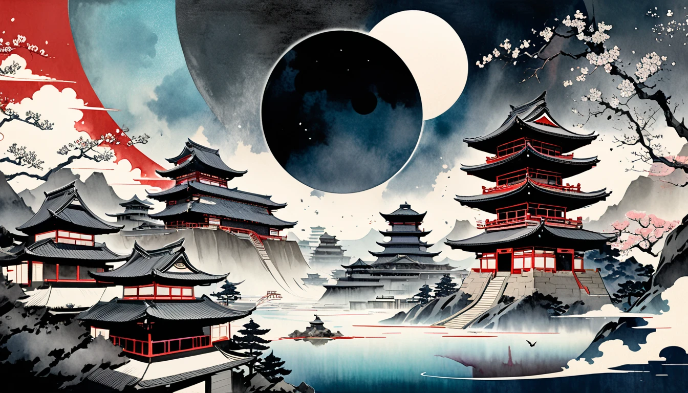 An ethereal digital artwork depicting a Japanese-inspired colony floating in space featuring elements of traditional Japanese art styles such as ink wash painting (sumi-e) watercolor and ukiyo-e, The colony is designed with architectural elements resembling traditional Japanese castles and pagodas harmoniously integrated with futuristic technology, The background showcases a serene cosmic landscape with a black hole rendered in the delicate and fluid strokes of sumi-e, The scene is adorned with cherry blossom petals drifting through space adding a touch of elegance and tranquility, The color palette includes soft watercolors capturing the essence of nature with intricate details reminiscent of ukiyo-e prints, The overall composition evokes a sense of mysticism and harmony reflecting an AI-driven ever-expanding machine colony in a beautifully imaginative universe