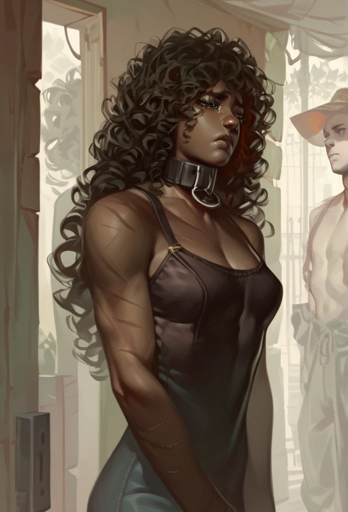   dark-skinned woman. thin.  long hair pants.  curly hair.  messy hair . wearing a brown strap dress. collar, current. low back.  sad expression .  Scars on the arms. scars on the body.  in front of a door . 