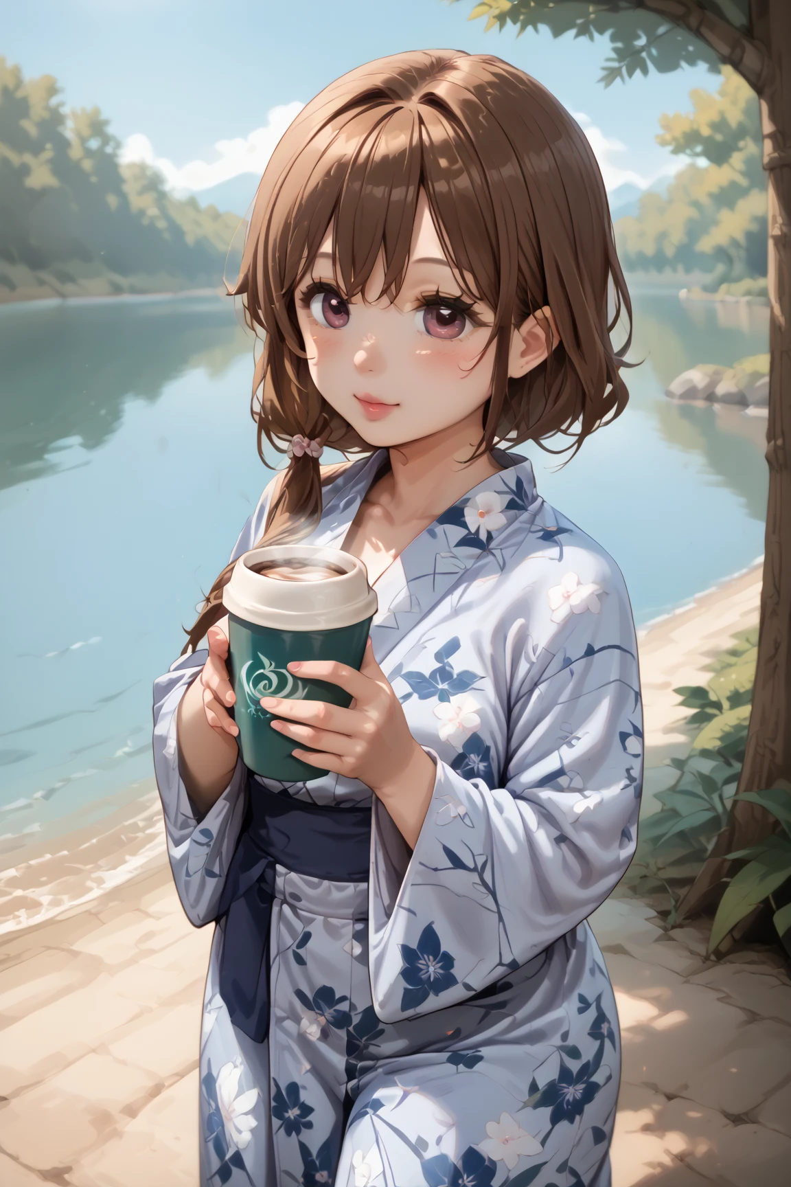   There is a young girl holding a coffee cup in her hand,  Girl Cute Pretty Face ,  Close up of a cute natural anime face  ,  with a pretty face - pretty face , Sakimi-chan, Chiho, Yoshitomo Nara,  young and cute face ,   A beautiful Japanese girl is standing in front of a lake wearing a yukata ,  Arafed woman with brown hair and big eyes ,  cute girl, Beautiful light and big eyes 