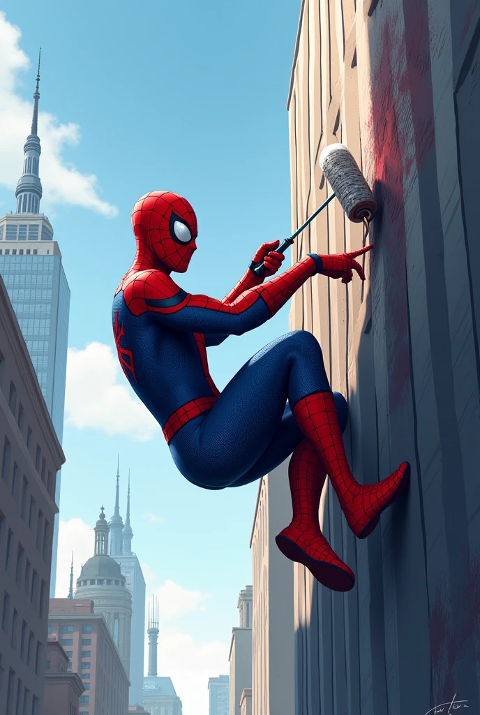 A pixelated sketch of a tiny Spider-Man hanging upside down from his own web