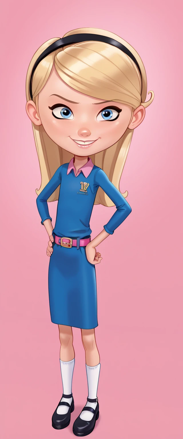 Andystyle, 1girl, full body, penny peterson, long hair, blue eyes, 3d, blonde hair, skirt, hairband, black hairband, white socks, dress, blue jumpsuit and pink belt, Standing, Hands on hips, smiling, ((Pink Background))