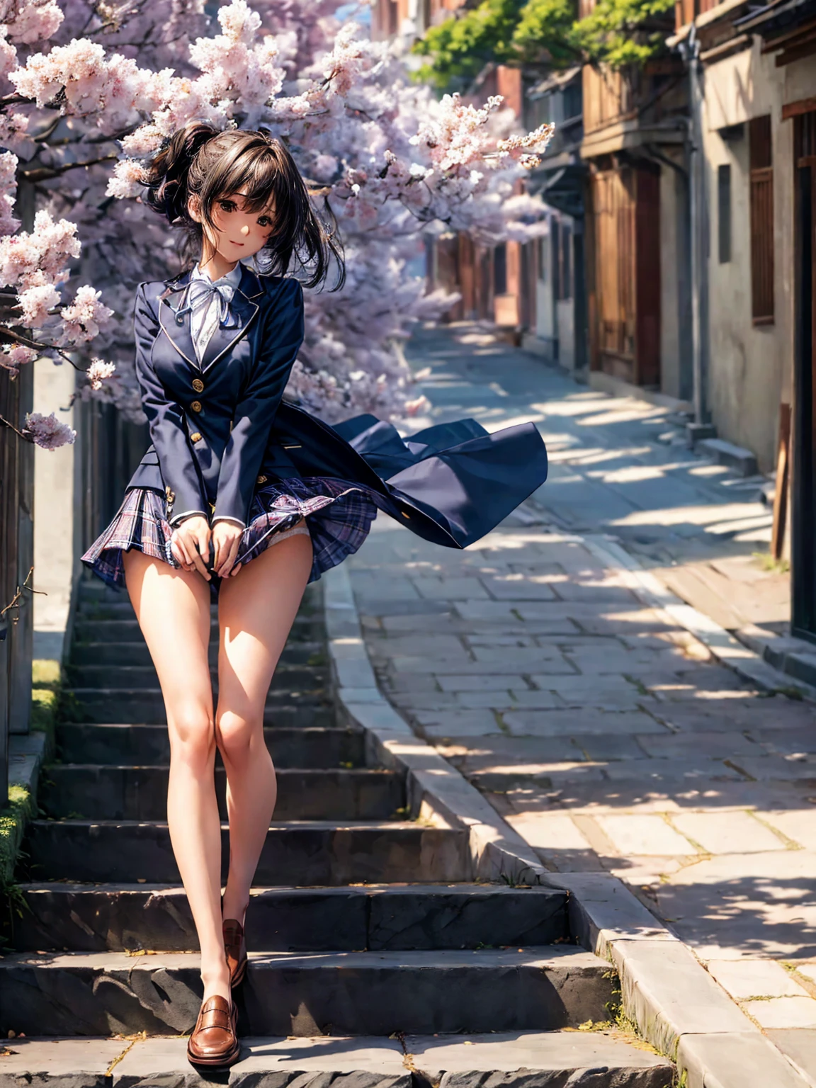 ((No clothes))、Completely ?????、A girl walking under the cherry blossoms in an old Japanese street,Thick pubic hair,Small nipples、Slender body、Being thin、Long, slender legs、school bag,12 years old,Young Face、bangs,A small smile,Thighs,knees,Low ponytail with barrette,From below,Front light