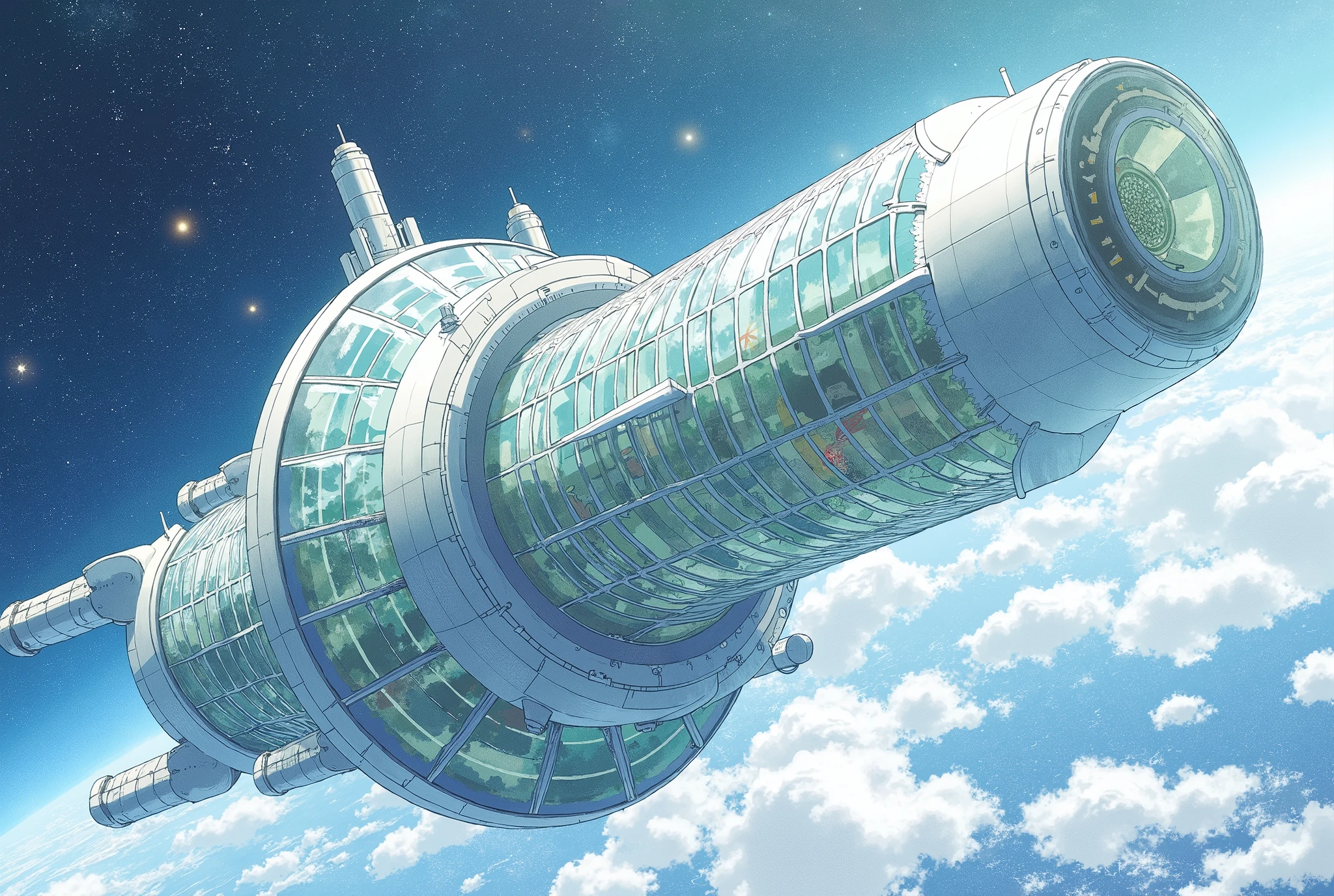 (Masterpiece:1.2,  top quality,  ultra high definition,  very detailed,  BEST ILLUSTRATIONS),8k,16k,wallpaper,space colony,,(Cylinder-shaped glass-walled space colony :2.0),(people類が増えすぎたpeople口を宇宙に移民させるようになって半世紀が過ぎた:2.0),(地球の周りの発達したpeople工都市はpeople類の第二の故郷となり、peopleはそこで子を産み、Raising 、 died :2.0),( Space Century 0078 :2.0),( Space Colony Side 3 called the Principality of Zeon :2.0),( The Principality of Zeon challenged the Earth Earth Federal Government to the War of Independence :2.0),(地球連邦とジオン公国の総people口は半分を死にいたらしめた:2.0),(people々was terrified by his own actions.:2.0),(The background is Earth and outer space:2.0),( and express the huge feeling of the cylinder-shaped Space Colony with depiction from below :2.0),(watercolor)
