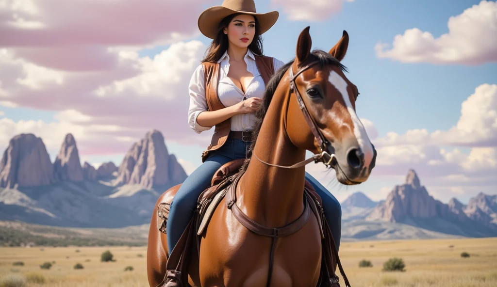 A determined young woman rides a strong chestnut horse through an open prairie. She wears a flowy white blouse, a leather vest, and a wide-brimmed hat. Her hair is loosely tied back, and her piercing eyes scan the horizon. The sky is expansive, with soft pink and blue tones, while rugged mountains loom in the distance.

