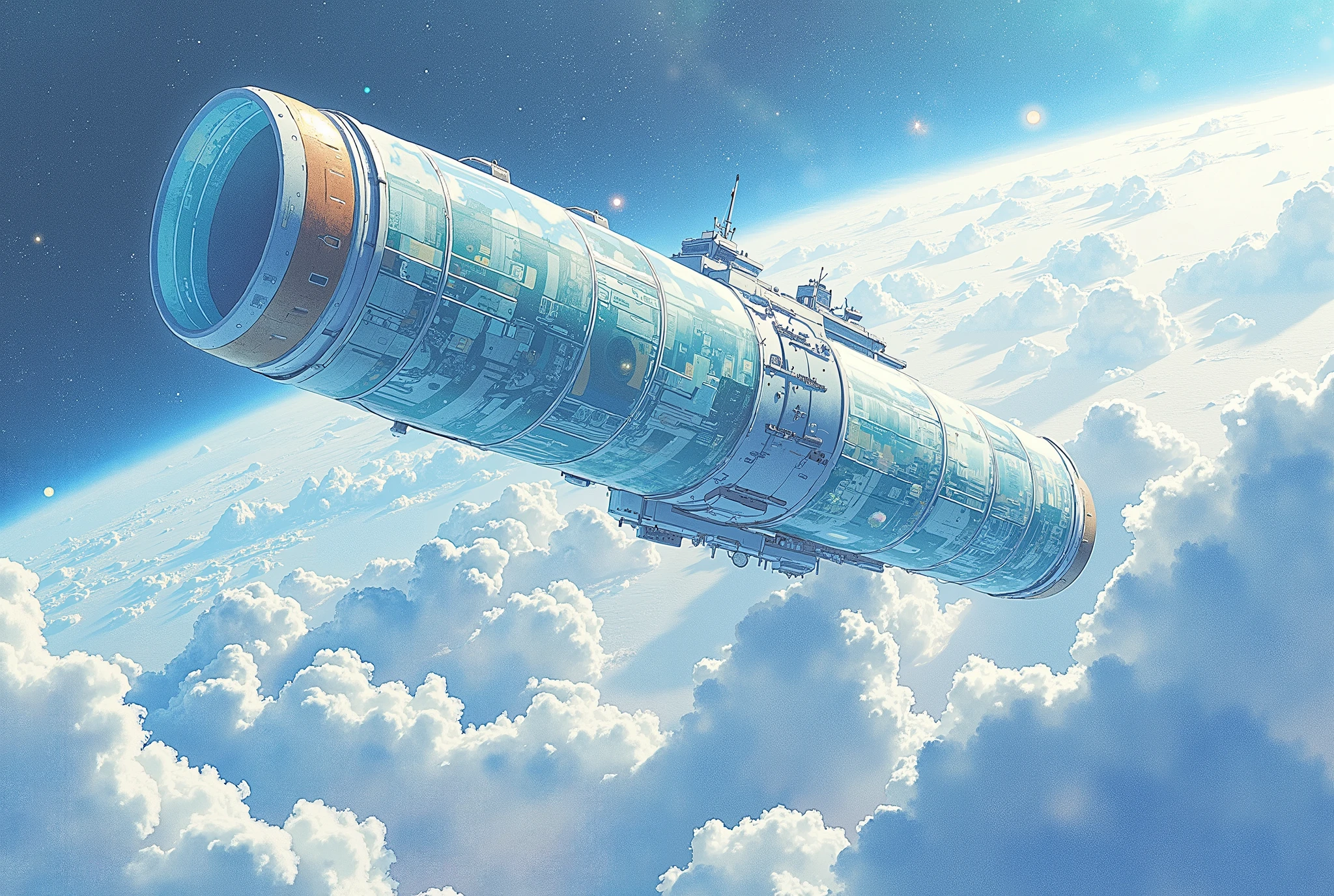 (Masterpiece:1.2,  top quality,  ultra high definition,  very detailed,  BEST ILLUSTRATIONS),8k,16k,wallpaper,space colony,,(Cylinder-shaped glass-walled space colony :2.0),(people類が増えすぎたpeople口を宇宙に移民させるようになって半世紀が過ぎた:2.0),(地球の周りの発達したpeople工都市はpeople類の第二の故郷となり、peopleはそこで子を産み、Raising 、 died :2.0),( Space Century 0078 :2.0),( Space Colony Side 3 called the Principality of Zeon :2.0),( The Principality of Zeon challenged the Earth Earth Federal Government to the War of Independence :2.0),(地球連邦とジオン公国の総people口は半分を死にいたらしめた:2.0),(people々was terrified by his own actions.:2.0),(The background is Earth and outer space:2.0),( and express the huge feeling of the cylinder-shaped Space Colony with depiction from below :2.0),(watercolor)
