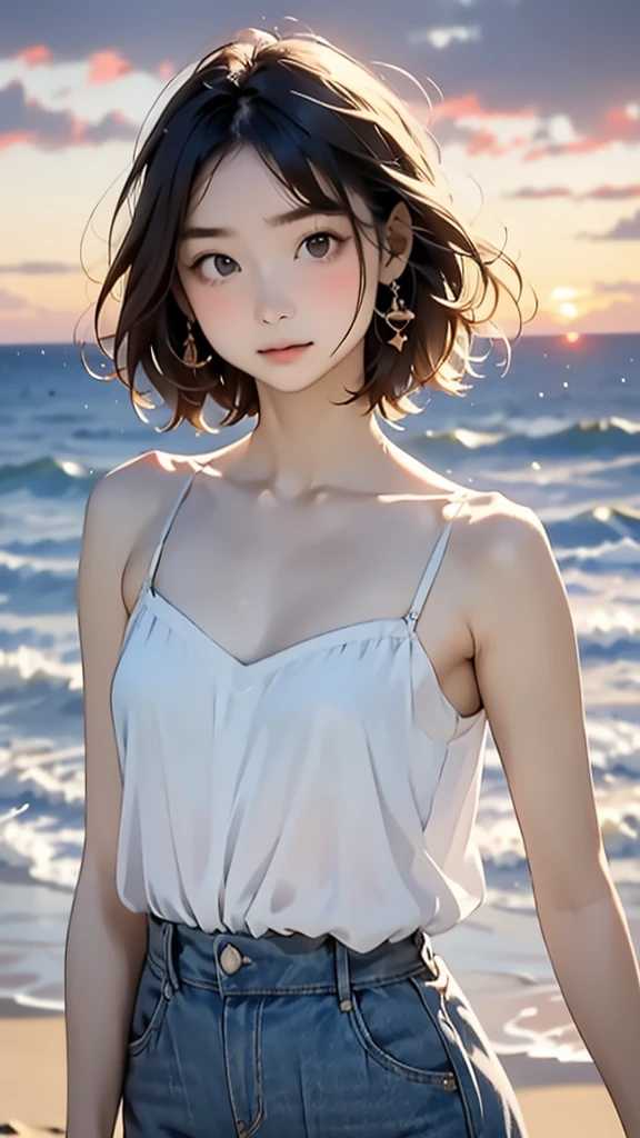 one girl, (12years old:1.4),(Very Young Face),(Japanese famous idol), cute face, ash gray hair:1.5, bob hair, short hair, camera's line of sight, small breasts, An ennui look, (((camisole, dress))) , particles of light, sea of ​​sunset, calm sea, white sand beach, very beautiful sunset, RAW photo, highest quality, High resolution, High resolution, masterpiece:1.3, 8k, 12k, professional photographer,((Extremely precise and accurate anatomy:1.0)),Kind eyes,Graceful pose,(Beauty of form:1.4) Golden ratio, big eye,(nature's providence:1.4),