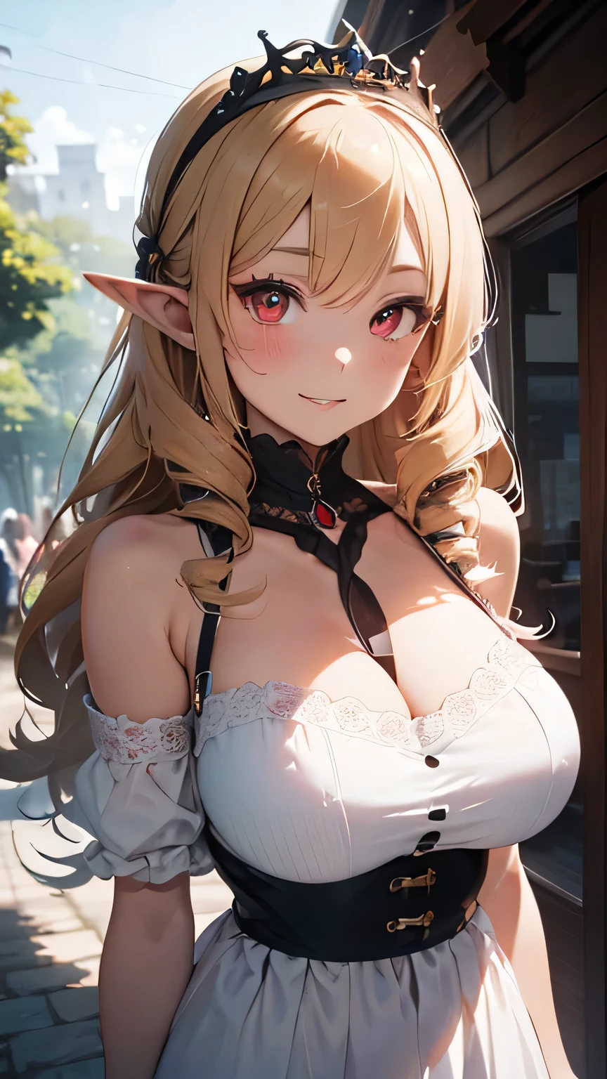 a beautiful young woman, blonde, (extremelly long drill hair), (drill hair style), drill hair style, ruby red eyes, wearing an elegant white dress with bare shoulders, huge breast and pink lips, elf, pointy ears, blush, very happy smile, while wearing a platine tiara, standing in front of a luxurious mansion, forest, day, blue sky, (best quality,4k,8k,highres,masterpiece:1.2),ultra-detailed,detailed eyes,detailed face,detailed lips,very detailed,highly detailed,opulent,grand architecture,dramatic lighting,volumetric lighting,vivid colors,intricate details,exquisite details,seamless,elegant,gorgeous,stunning, anime style, kentaro yabuki style, (red eyeshadow), view from the front, looking to the viewer, red eyeshadow,