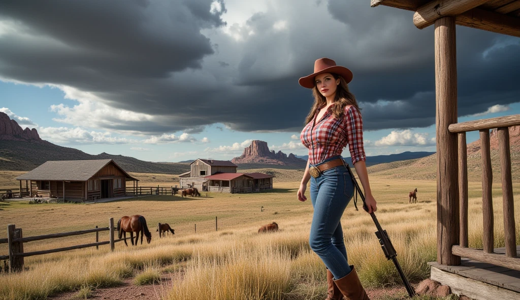 A fearless rancher woman in a plaid shirt and sturdy boots stands on the porch of a rustic wooden house, holding a shotgun. Behind her, a small barn and corral with grazing horses are visible. The surrounding landscape is a mix of golden fields and rocky hills, with dark storm clouds gathering in the distance.

