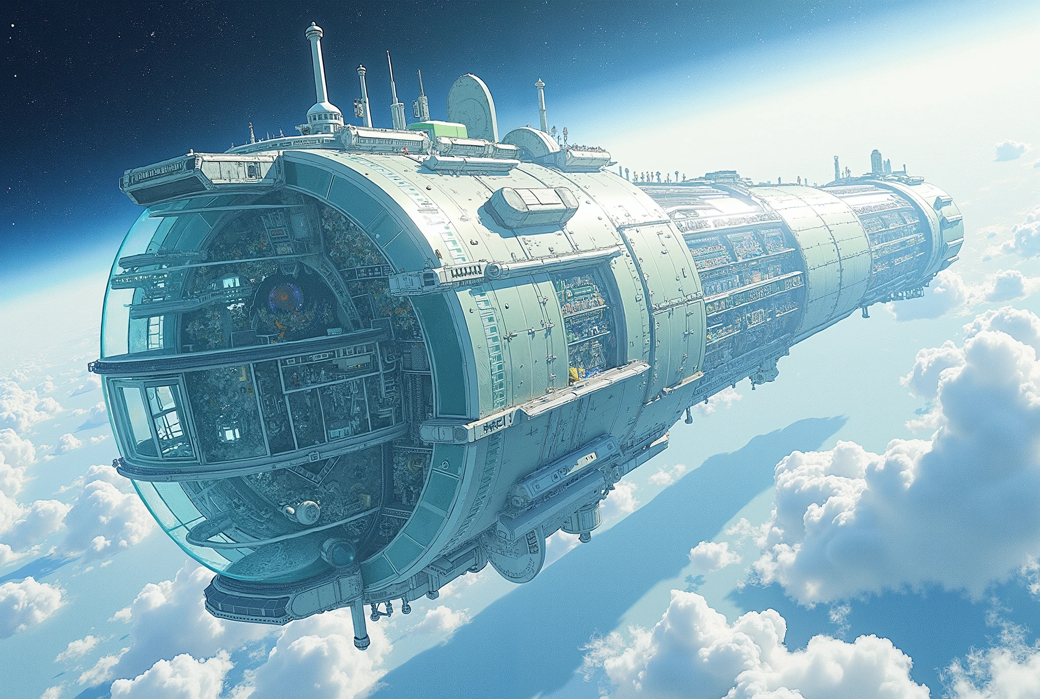 (Masterpiece:1.2,  top quality,  ultra high definition,  very detailed,  BEST ILLUSTRATIONS),8k,16k,wallpaper,space colony,,(Cylinder-shaped glass-walled space colony :2.0),(people類が増えすぎたpeople口を宇宙に移民させるようになって半世紀が過ぎた:2.0),(地球の周りの発達したpeople工都市はpeople類の第二の故郷となり、peopleはそこで子を産み、Raising 、 died :2.0),( Space Century 0078 :2.0),( Space Colony Side 3 called the Principality of Zeon :2.0),( The Principality of Zeon challenged the Earth Earth Federal Government to the War of Independence :2.0),(地球連邦とジオン公国の総people口は半分を死にいたらしめた:2.0),(people々was terrified by his own actions.:2.0),(The background is Earth and outer space:2.0),( and express the huge feeling of the cylinder-shaped Space Colony with depiction from below :2.0),(watercolor)
