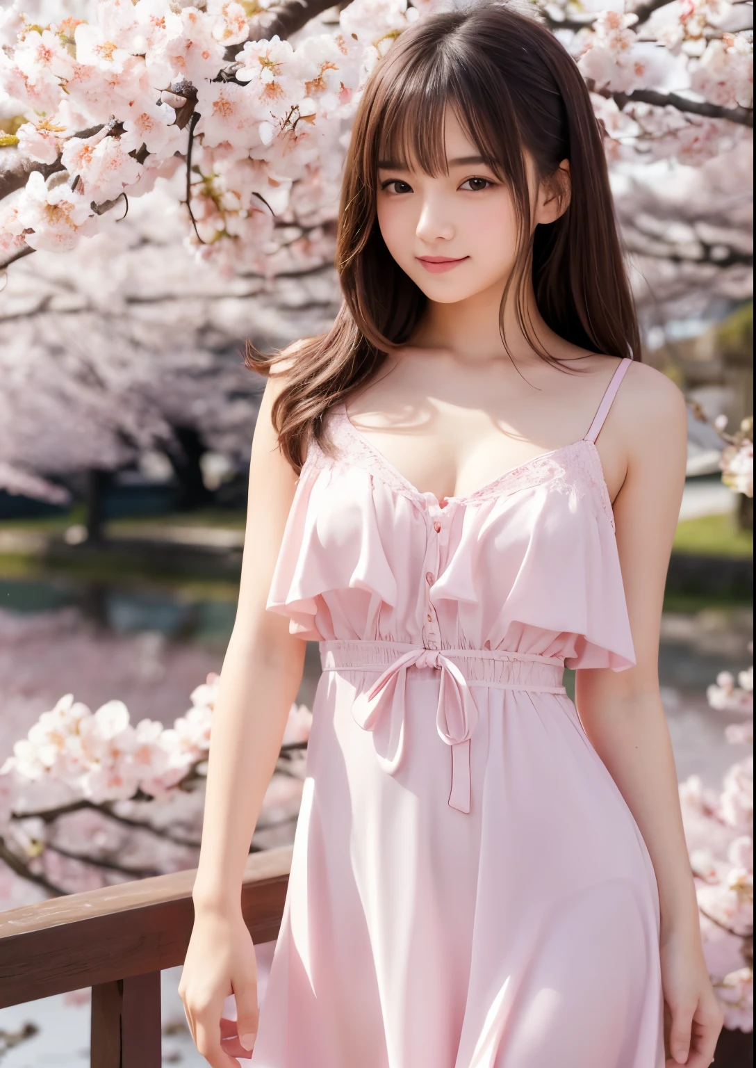 (masterpiece, highest quality, high resolution, Ultra fine, insanely detailed, 8K, High resolution:1.5),(nsfw,panties are visible,Panmoro,man streak,legs open,M-shaped spread legs,sitting:1.1),1 girl,Beautiful girl 1.5,cute,beautiful eyes,big breasts,Sakura in spring, (Bento box on the side,drink on the side ,sweets:1.5),picnic,Early 20s,light brown hair,smile,university student,Casual spring clothes,white floral dress,garden,afternoon,Up from the front,cherry blossoms in the background,anime style,view audience,cowboy shot