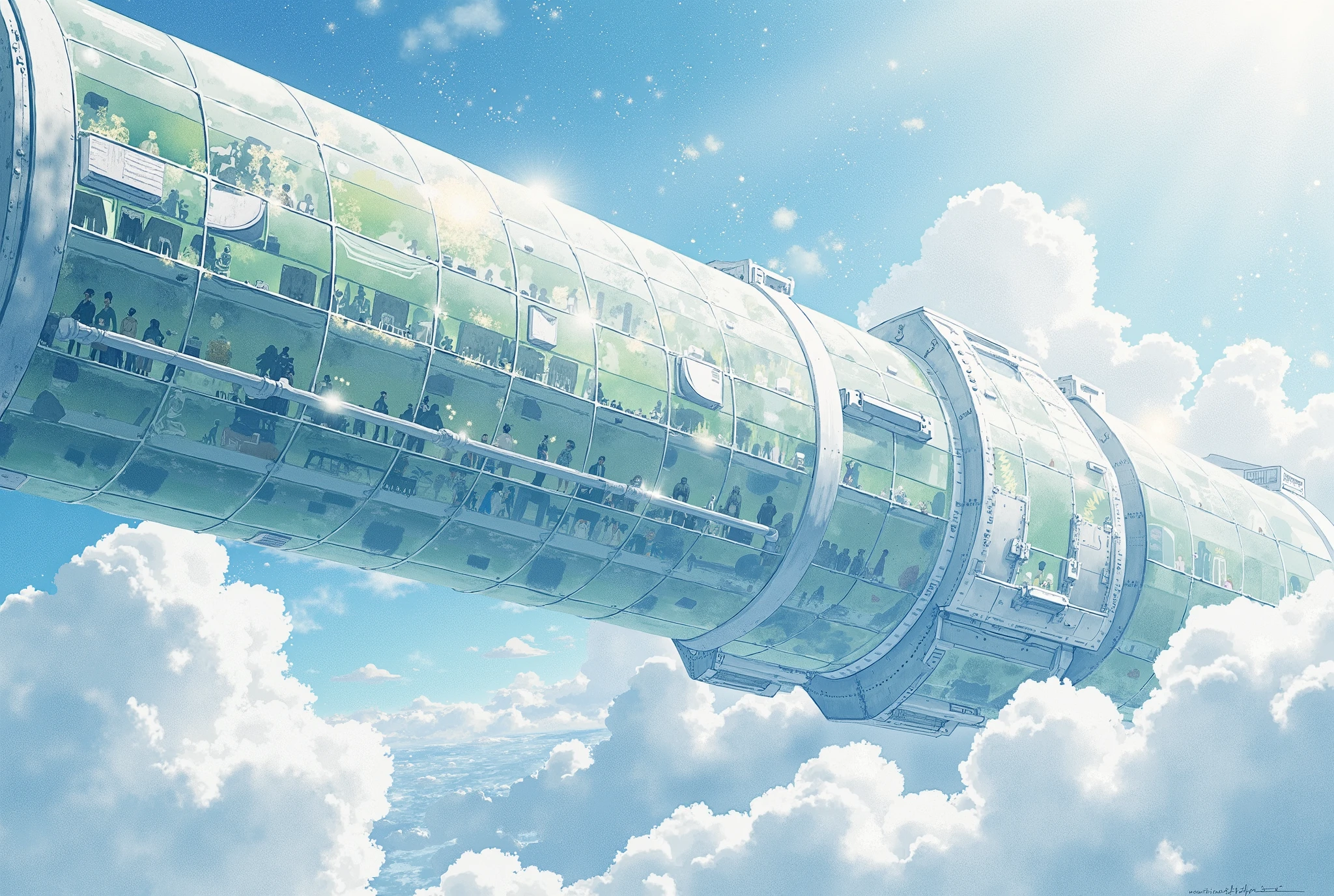 (Masterpiece:1.2,  top quality,  ultra high definition,  very detailed,  BEST ILLUSTRATIONS),8k,16k,wallpaper,space colony,,(Cylinder-shaped glass-walled space colony :2.0),(people類が増えすぎたpeople口を宇宙に移民させるようになって半世紀が過ぎた:2.0),(地球の周りの発達したpeople工都市はpeople類の第二の故郷となり、peopleはそこで子を産み、Raising 、 died :2.0),( Space Century 0078 :2.0),( Space Colony Side 3 called the Principality of Zeon :2.0),( The Principality of Zeon challenged the Earth Earth Federal Government to the War of Independence :2.0),(地球連邦とジオン公国の総people口は半分を死にいたらしめた:2.0),(people々was terrified by his own actions.:2.0),(The background is Earth and outer space:2.0),( and express the huge feeling of the cylinder-shaped Space Colony with depiction from below :2.0),(watercolor)