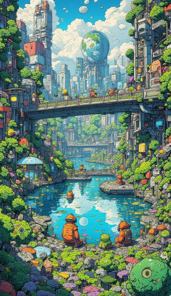 （masterpiece、 High Quality 、 HD、4K、8k、 Details）、Space Colony、Glass ceiling 、 Earth floating in space can be seen through glass 、Frogs live in the colony 、 ponds and forests are arranged inside the colony、 surreal world where light swirls 、