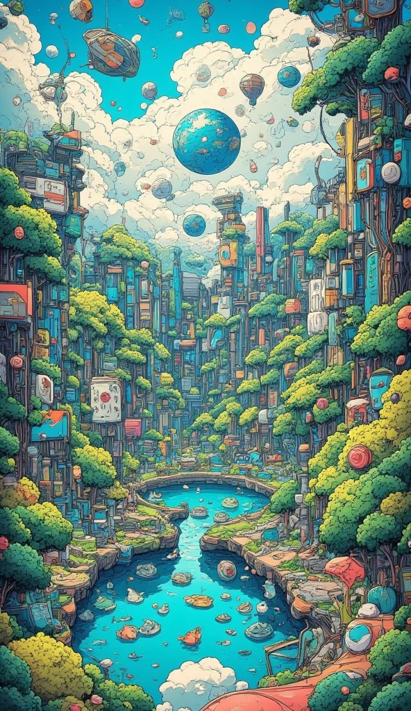 （masterpiece、 High Quality 、 HD、4K、8k、 Details）、Space Colony、Glass ceiling 、 Earth floating in space can be seen through glass 、Frogs live in the colony 、 ponds and forests are arranged inside the colony、 surreal world where light swirls 、