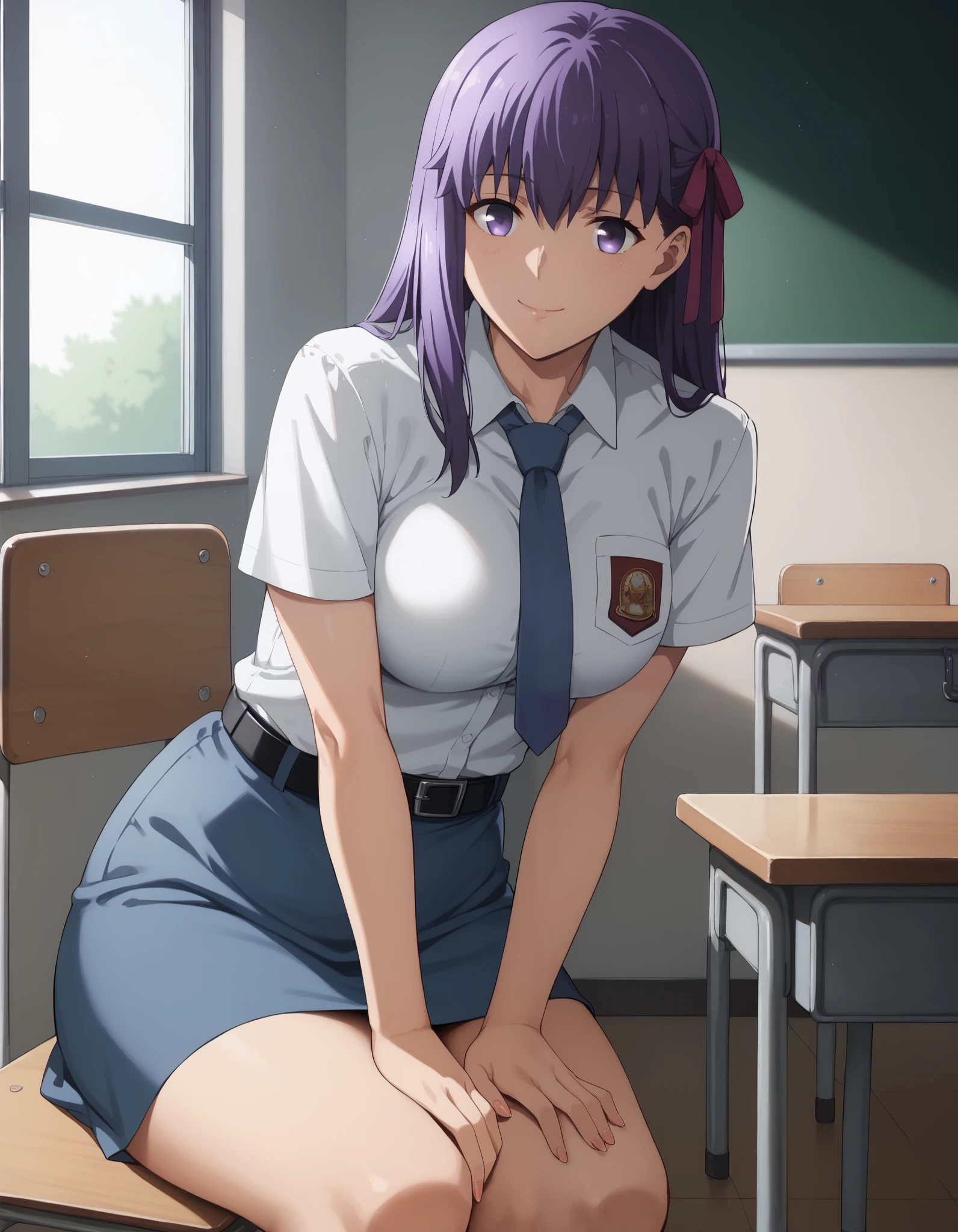 score_9, score_8_ up, score_7_ up, Alone, One Girl ,Matou Sakura,  long hair,  purple eyes,  purple hair, ribbon, hair ribbon,  big breasts, tucked in sma shirt, sma necktie, sma belt, sma skirt, sma shirt, sma skirt,  in the classroom,  window, chair, Table Thighs,  Watching Viewers , smile, sunlight, sit on chair, socks, Hands on thighs,  anime screen clap, Dutch Shot