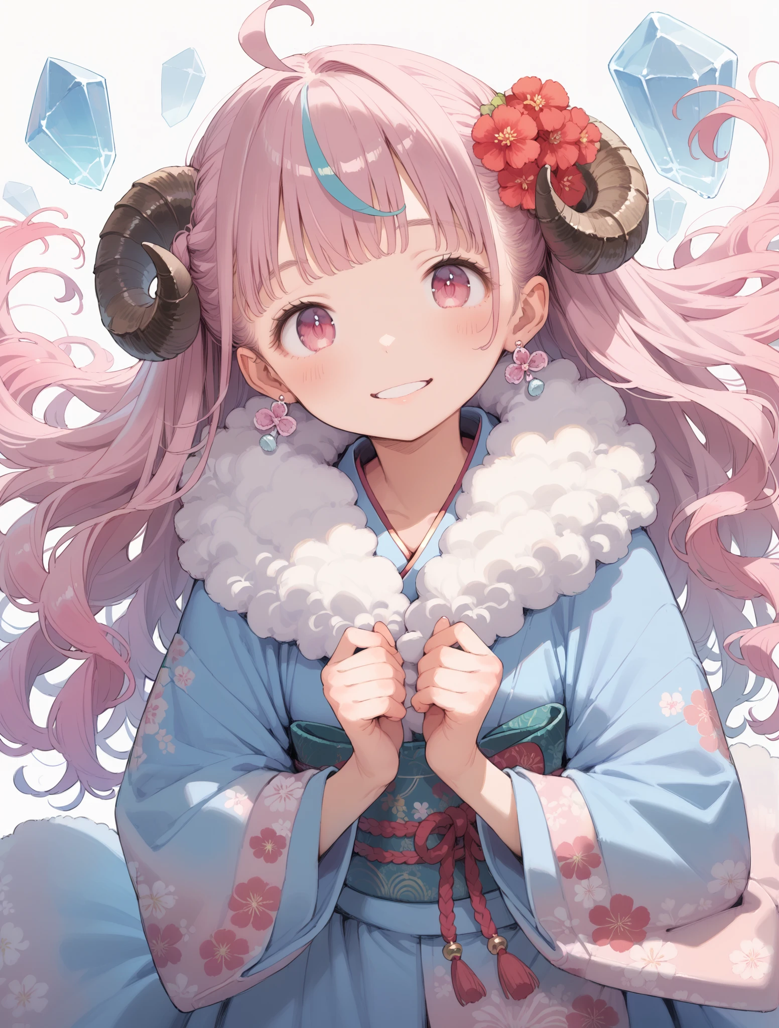 New Year, Happy New Year, Wavy Hair, High Resolution, 1girl, Super Detailed, Fluffy Hair, Streaked Hair, Character Design, Bright Pupils, Topknot, Gradient Hair, Solo, Shy, Tachi-e, Anime Style, Smile, Abatomically Correct, Masterpiece, Ahoge, Parted Lips, Very Long Hair, Pink Hair, Pink Eyes, Kimono, From Above, Wide-Angle, Hair Flower, Crystal Earrings, Soft Colors, Sheep horn