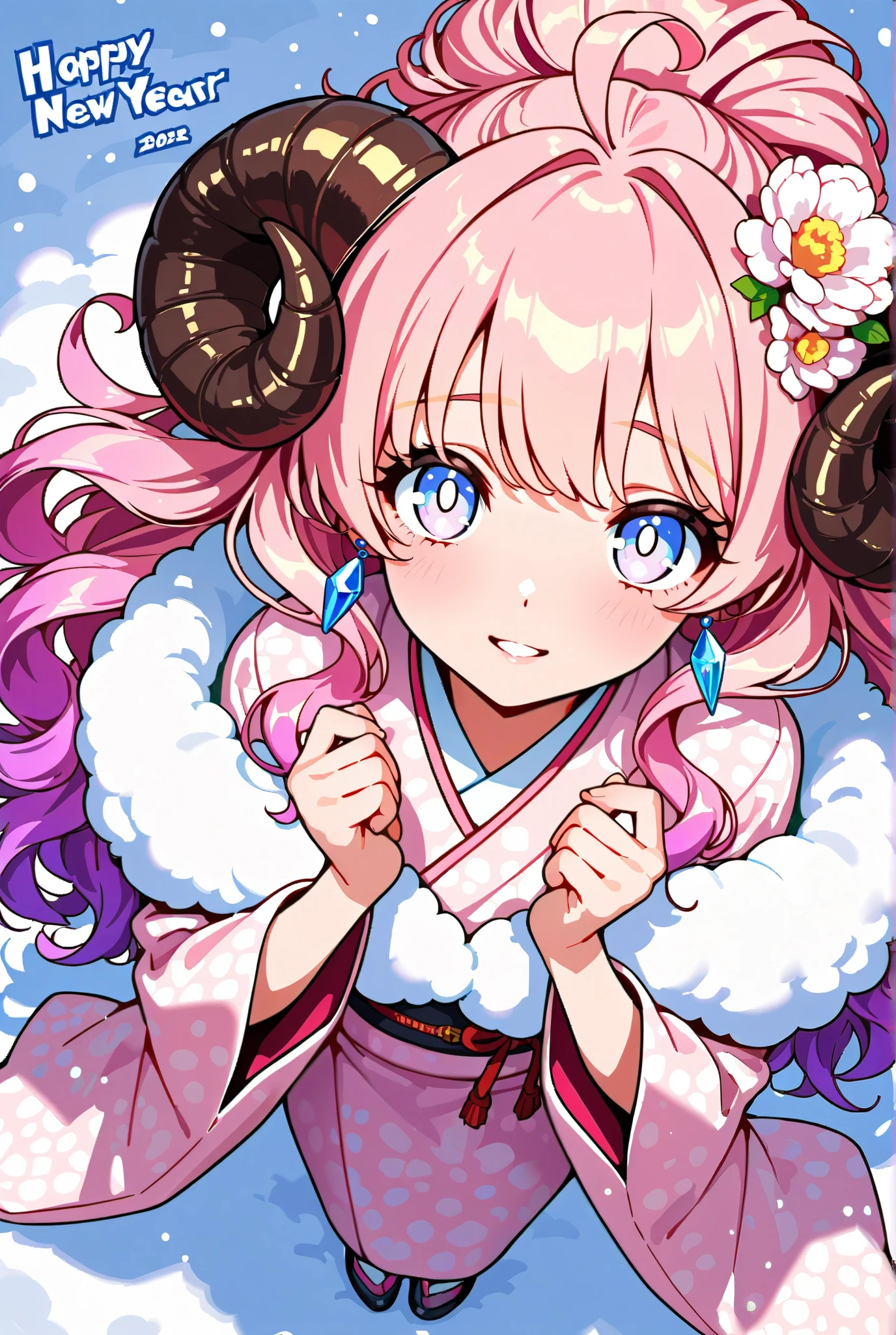 New Year, Happy New Year, Wavy Hair, High Resolution, 1girl, Super Detailed, Fluffy Hair, Streaked Hair, Character Design, Bright Pupils, Topknot, Gradient Hair, Solo, Shy, Tachi-e, Anime Style, Smile, Abatomically Correct, Masterpiece, Ahoge, Parted Lips, Very Long Hair, Pink Hair, Pink Eyes, Kimono, From Above, Wide-Angle, Hair Flower, Crystal Earrings, Soft Colors, Sheep horn