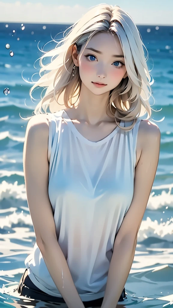 Anime style female character in water, (long white hair: 1.2), (gentle expression: 1.1), blue eyes, white tank top, (ripple water effect around the body: 1.3), sunlight reflected on the water surface clear sky, subtle water splashes, high-resolution digital art, soft color palette, tranquil atmosphere, (calm sea background :1.1), realistic water textures,(Enhances the beauty of skin texture:1.1),((Extremely precise and accurate anatomy:1.0)),Kind eyes,Graceful pose,(Beauty of form:1.4) Golden ratio, big eye,(nature's providence:1.4),