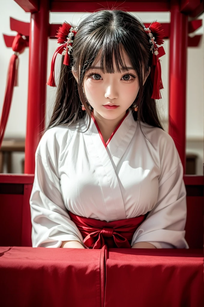 A Shinto priestess standing in a temple, wearing a white robe with a red line from the shoulders, holding a silver pair of scissors, with a gold hair ornament, long dark brown straight hair, close-up on the upper body, wearing a thin golden headband.