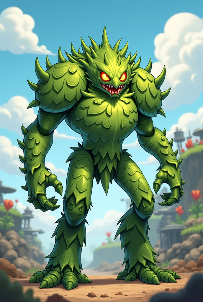 stone golem, green eyes, moss on body