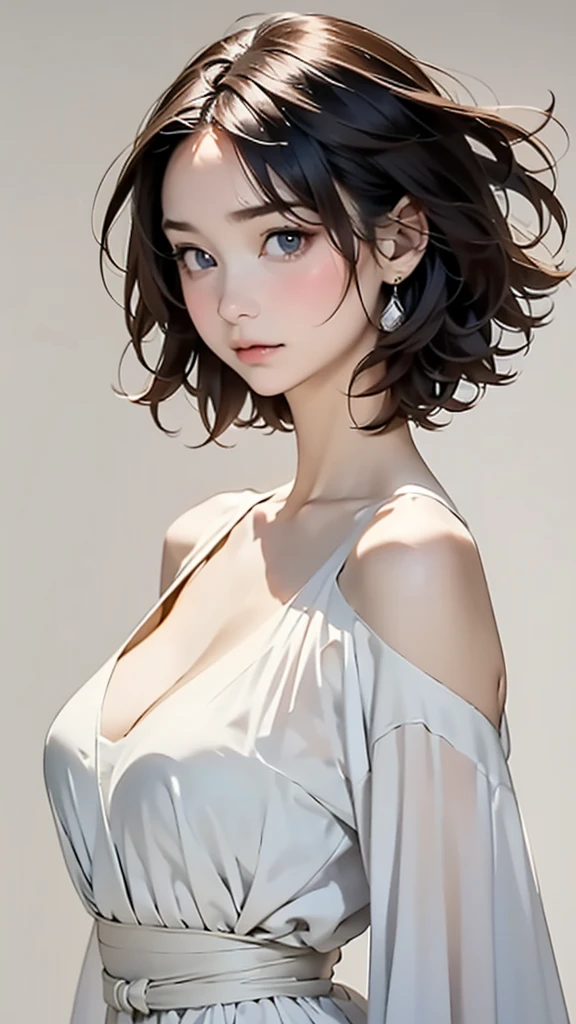 (Image from the chest up: 1.4) ((Masterpiece: 1.5, highest quality, beautiful image, 2.5D, abstract, artistic, watercolor)) (solo girl, solo) (pretty girl, big breasts, gray Hair, short hair, beautiful breasts, beautiful breasts cleavage, off-shoulder costume) (profile, look at the angle, shake your head, sad expression, Floating hair, Backlight) (Plain background: 1.5) ((Dynamic angle: 1.5)), See-through gown. ((from side)),(Enhances the beauty of skin texture:1.1),((Extremely precise and accurate anatomy:1.0)),Kind eyes,Graceful pose,(Beauty of form:1.4) Golden ratio, big eye,(nature's providence:1.4),