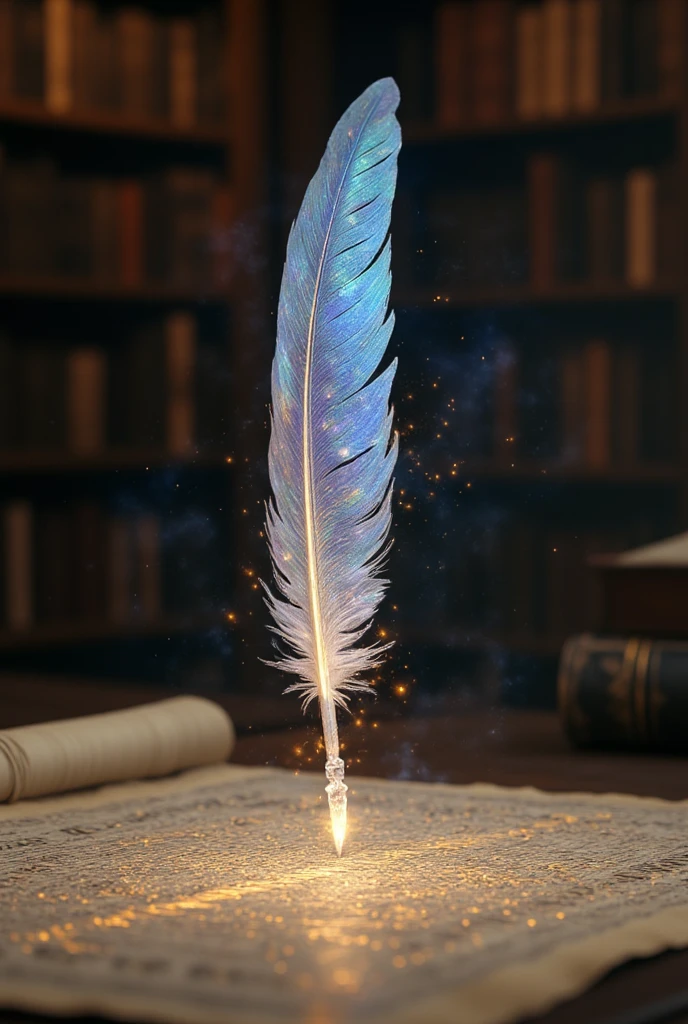 A hyper-realistic close-up of an enchanted quill, its feather shimmering with a soft, pearlescent glow in shades of blue and silver. The quillâs tip is made of fine crystal, sparkling as it hovers just above a parchment covered in glowing, golden runes. The background is a blurred, dimly lit study filled with ancient books and scrolls, creating a warm, scholarly atmosphere. Semi-transparent wisps of magical energy coil around the quill, enhancing its ethereal quality. Realistic shading and highlights emphasize the softness of the feather, with subtle variations in color that catch the light. The crystal tip of the quill refracts light, creating a delicate prism effect on the parchment. One glowing rune pulses faintly as the quill hovers, poised to continue writing its mystical script.