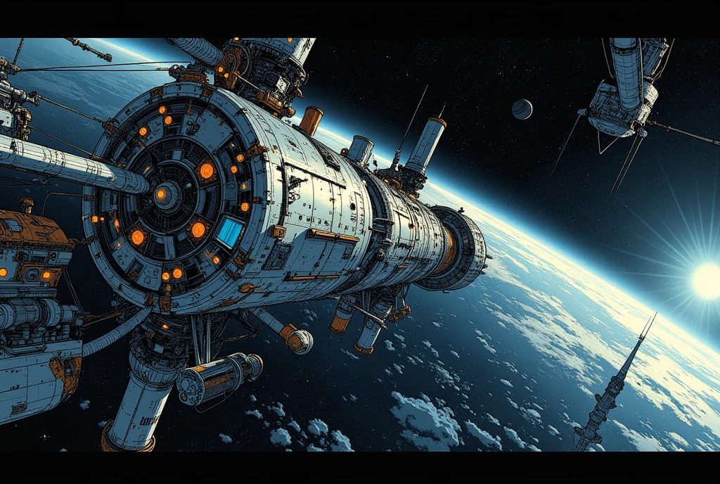 Super detailed Sci-Fi Illustration, A magnificent and awe-inspiring view of the cylindrical space colony. The exterior of a cylindrical space colony floating in the pitch black of space, with the Earth and Sun in the background. View from the ISS.