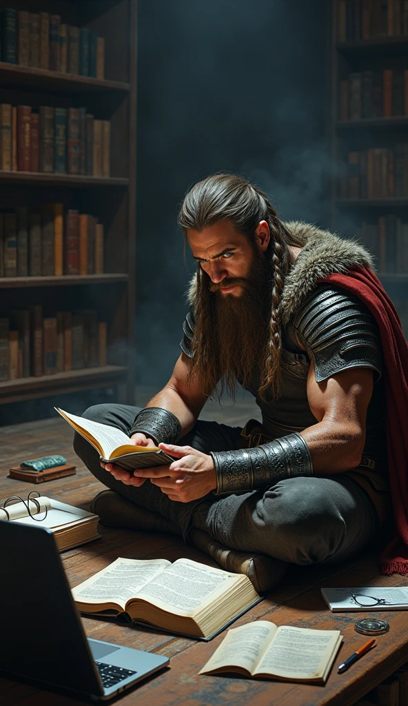 Conan the Barbarian reading a book and drinking coffee 