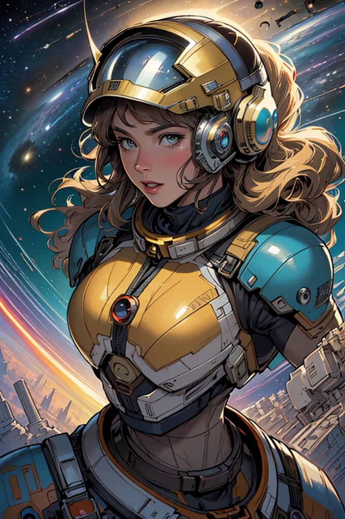 (((Top Quality Masterpiece ))),(((solo:1.2))),((( 1 woman :1.2))), 32K Highly Detailed Wallpaper , Retro Vintage Style ,(dynamic Angles),((( overwhelming highlights))),((most complex machine)),American Comics Touch , 80s space thriller movie poster,(((Detailed and perfect woman ))),((( bust up))),(((full face helmet infinity satellite)))