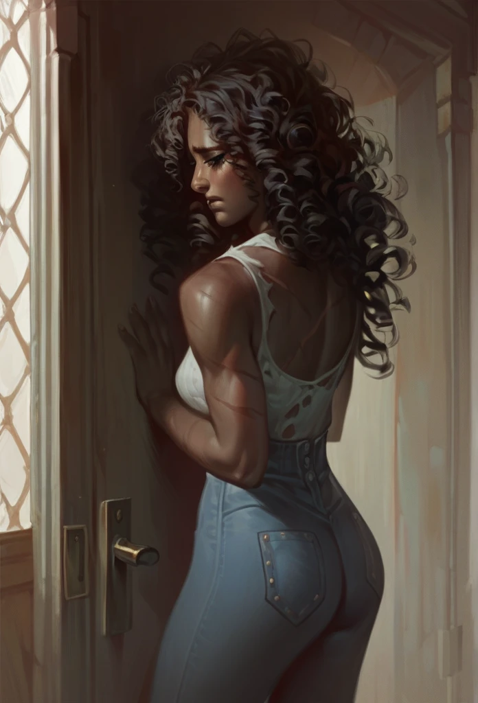   dark-skinned woman. thin.  long hair pants.  curly hair.  messy hair . wearing a long brown strap dress. ripped dress. low back.  sad expression .  Scars on the arms. scars on the body.  in front of a door . In front of me .