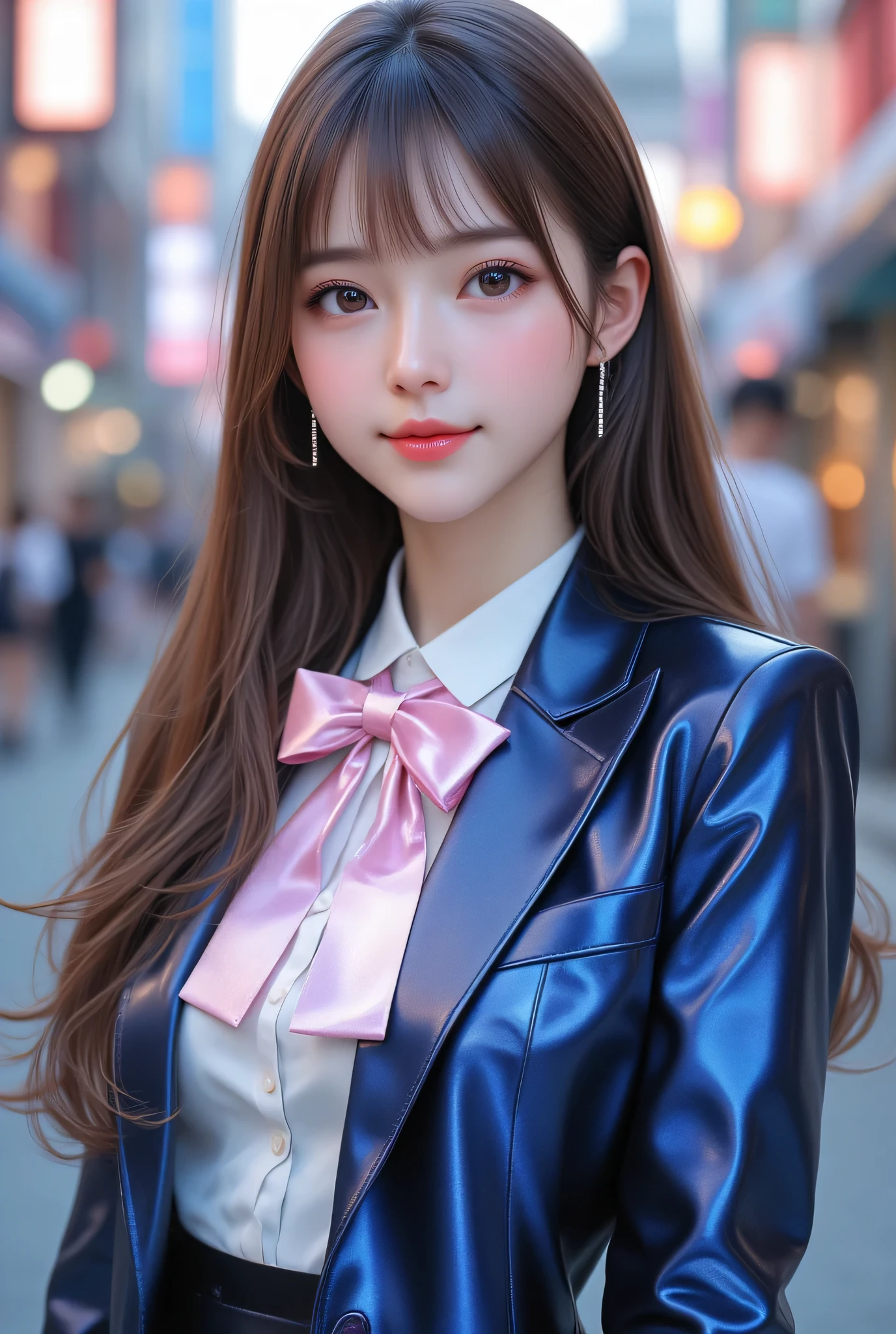 (Very beautiful cute girl), (very cute face:1.2),14 yo, (baby face),(sparking crystal clear attractive large eyes), Beautiful detailed eyes, Detailed double eyelids, (smiling), (realistic photograph:1.1), long straight hair,super shiny metallic dark blue blazer high-school uniform,pink neck bow tie