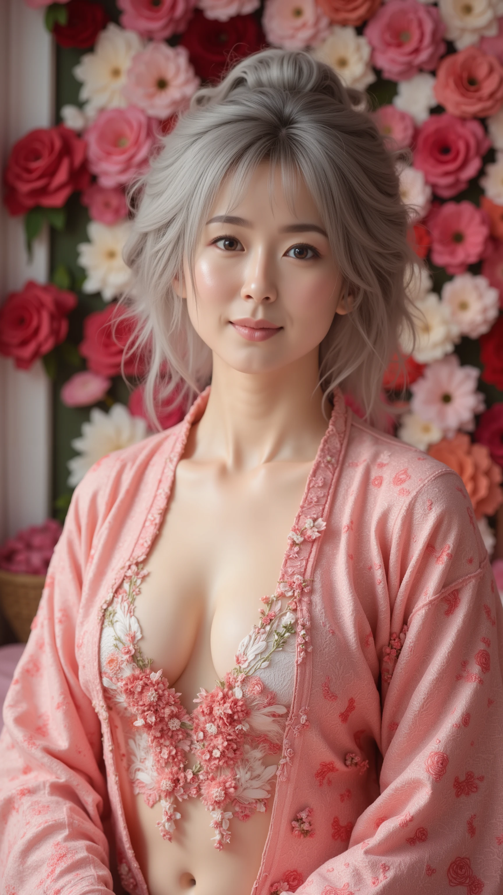 UHD, 16k, Masterpiece, top quality, Surrealism, Korean middle-aged woman, (( fair and clean skin)), ((  Short, light grey hair with slightly twisted bobble hair, kimonos decorated with pink embroidered flowers, gowns open to give a glimpse of the chest and a glimpse of the waist, walls decorated with artificial flowers of varying shades of pink, red and white in the background, )) ((seductive pose)) 