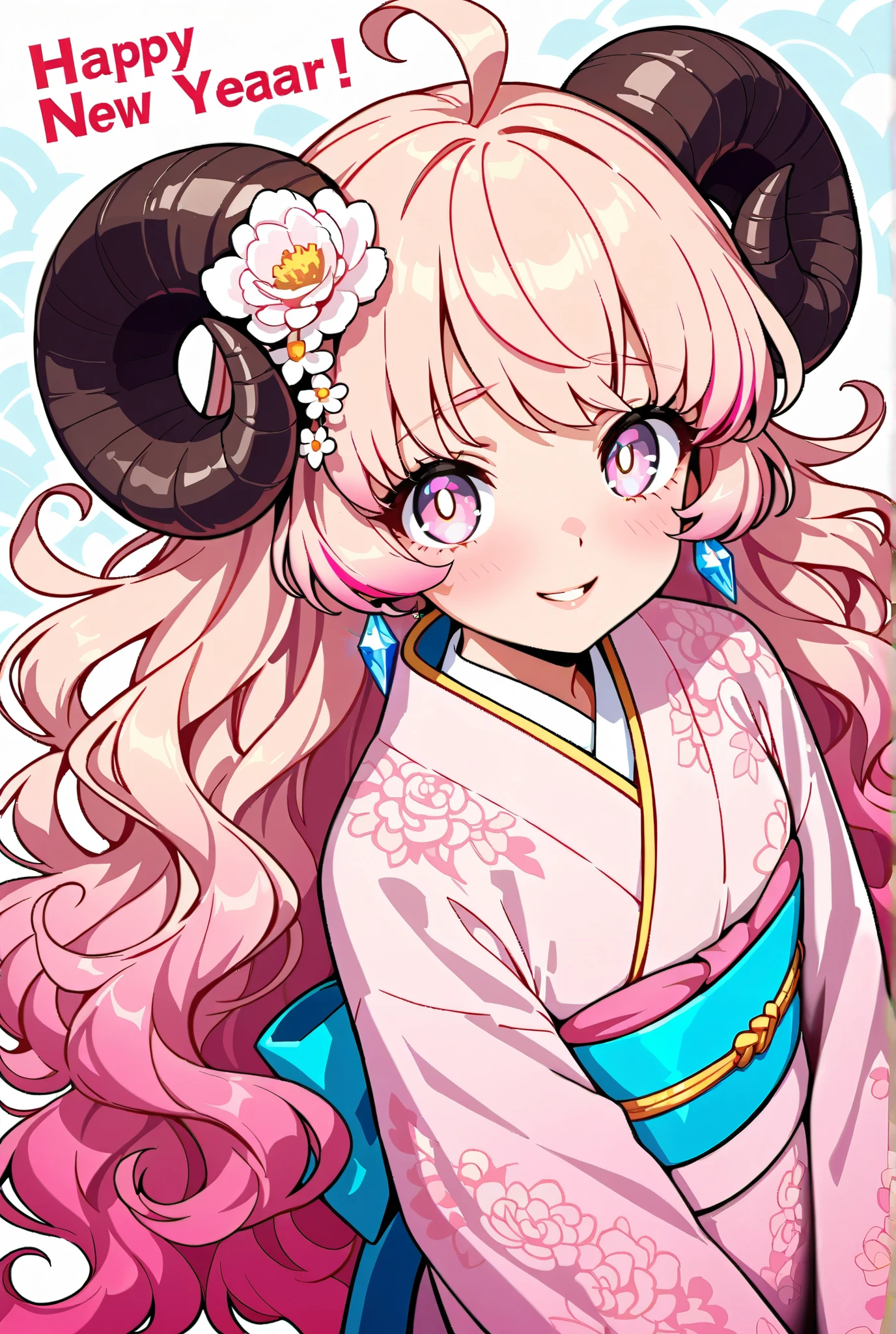 New Year, Happy New Year, Wavy Hair, High Resolution, 1girl, Super Detailed, Fluffy Hair, Streaked Hair, Character Design, Bright Pupils, Topknot, Gradient Hair, Solo, Shy, Tachi-e, Anime Style, Smile, Abatomically Correct, Masterpiece, Ahoge, Parted Lips, Very Long Hair, Pink Hair, Pink Eyes, Kimono, From Above, Wide-Angle, Hair Flower, Crystal Earrings, Soft Colors, Sheep horn