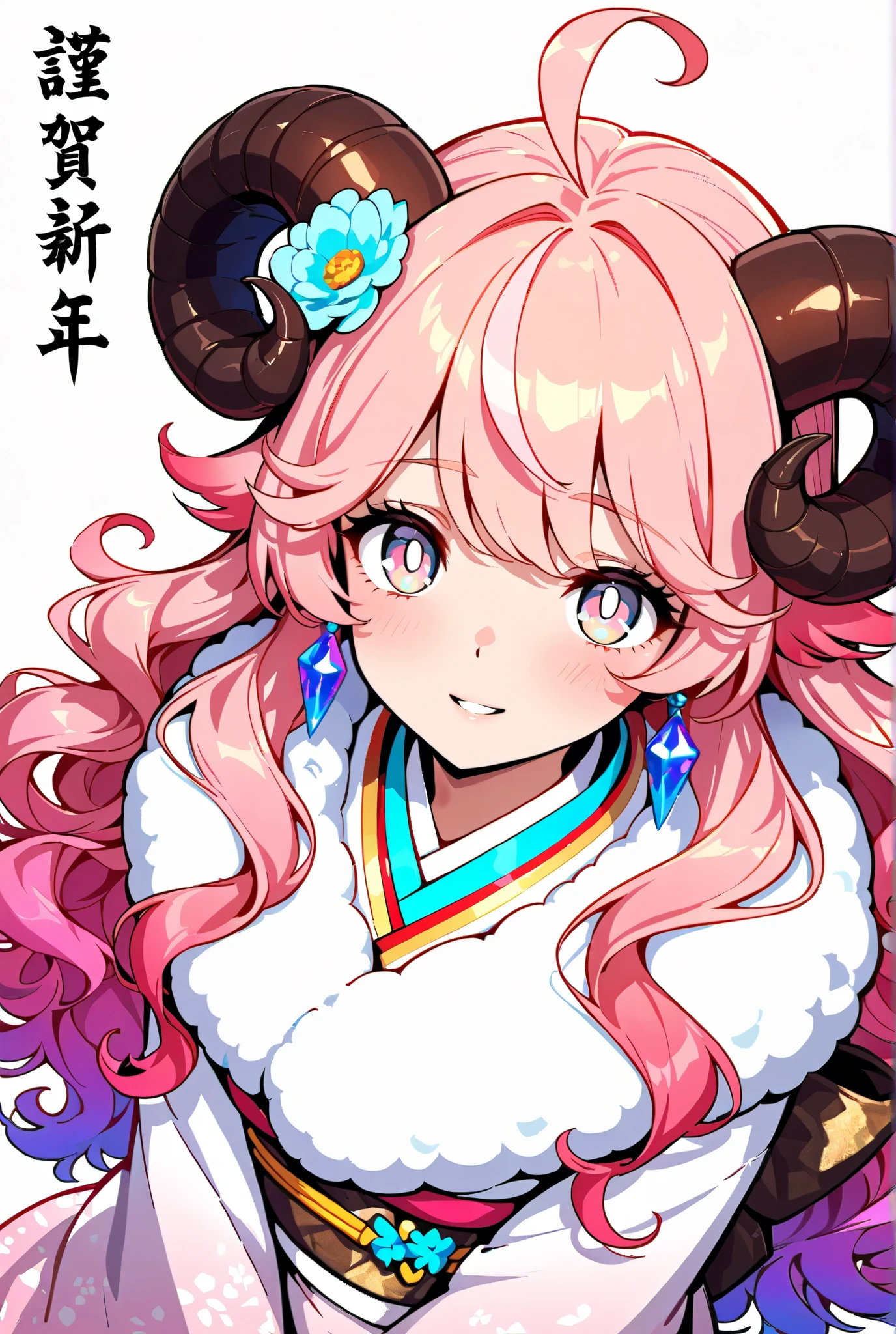 New Year, Happy New Year, Wavy Hair, High Resolution, 1girl, Super Detailed, Fluffy Hair, Streaked Hair, Character Design, Bright Pupils, Topknot, Gradient Hair, Solo, Shy, Tachi-e, Anime Style, Smile, Abatomically Correct, Masterpiece, Ahoge, Parted Lips, Very Long Hair, Pink Hair, Pink Eyes, Kimono, From Above, Wide-Angle, Hair Flower, Crystal Earrings, Soft Colors, Sheep horn