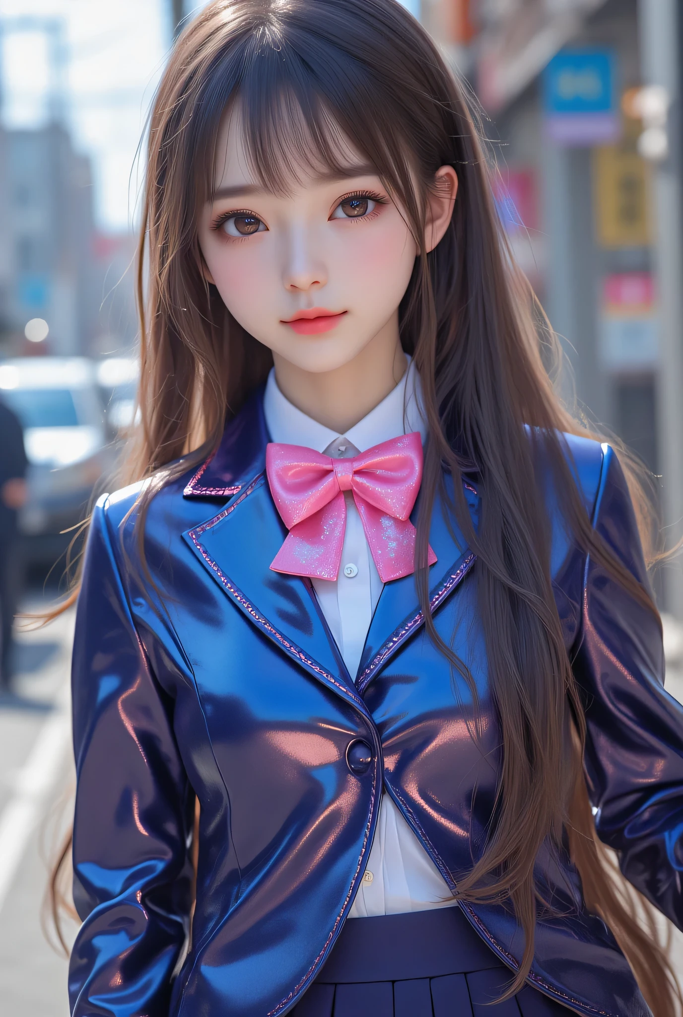 Araffe girl in a shiny blue jacket and pink bow tie - SeaArt AI
